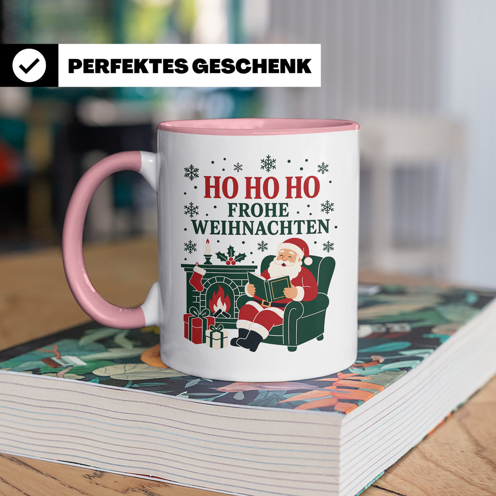 Lesen Weihnachten Tasse Weihnachtsmann mit Buch am Kamin - G – Rosa [farbe:rosa]