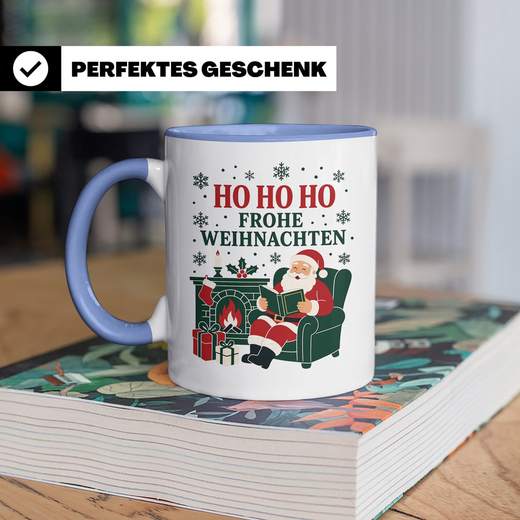 Lesen Weihnachten Tasse Weihnachtsmann mit Buch am Kamin - G – Blau [farbe:blau]