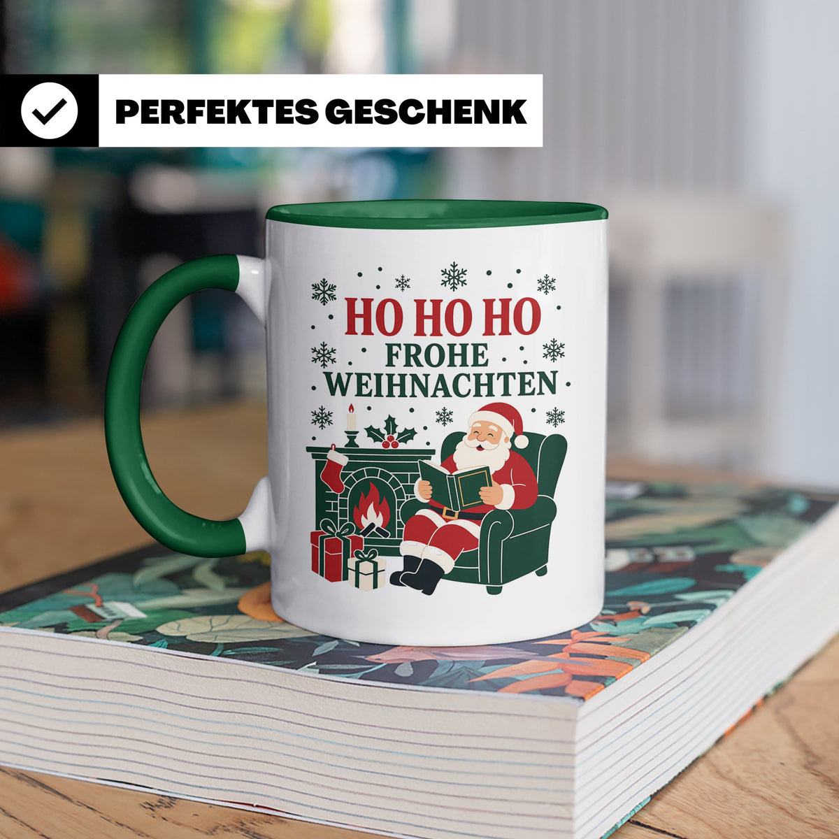 Lesen Weihnachten Tasse Weihnachtsmann mit Buch am Kamin - G – Grün [farbe:grün]