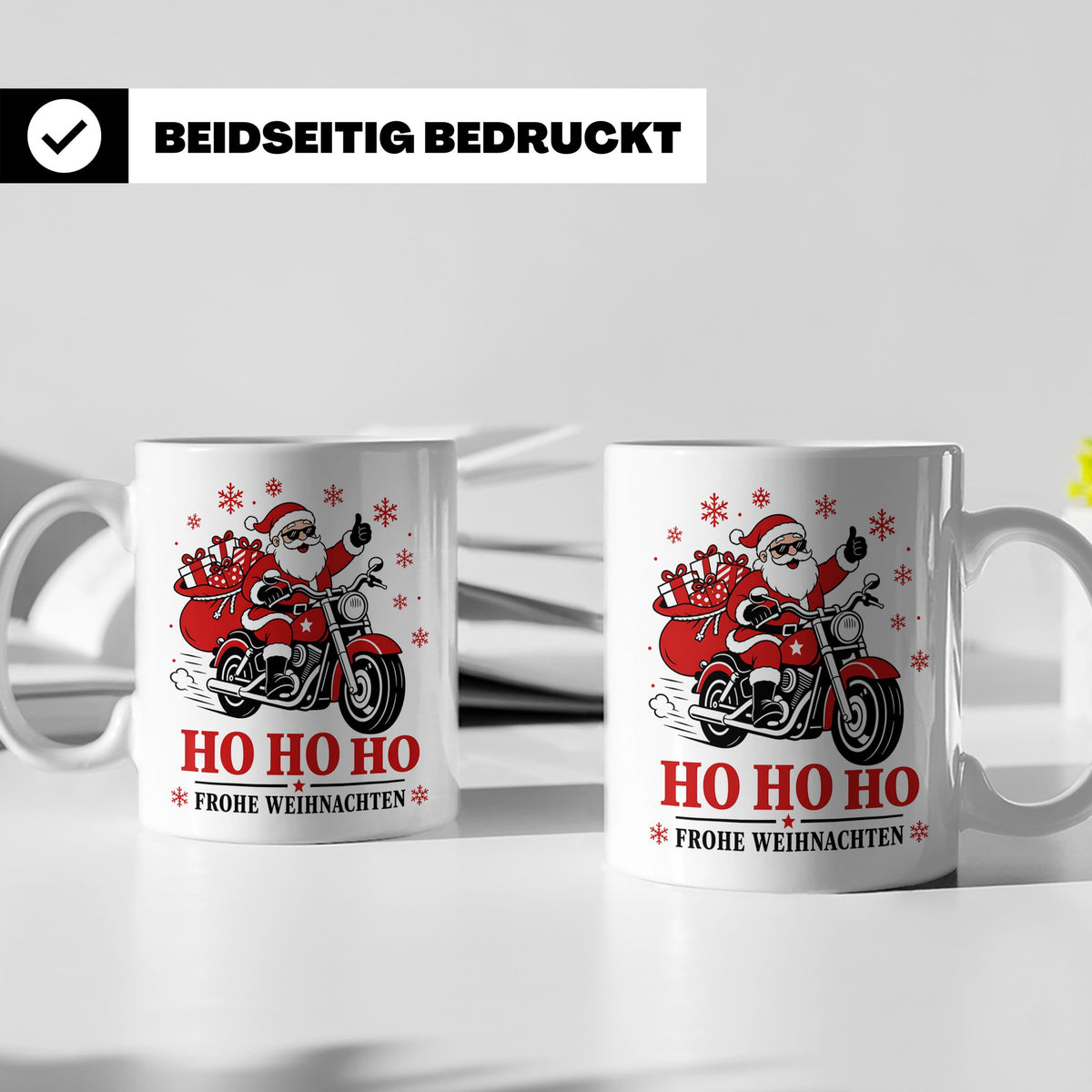 Motorrad Weihnachten Tasse Weihnachtsmann auf dem Motorrad - – Weiß [farbe:weiß]