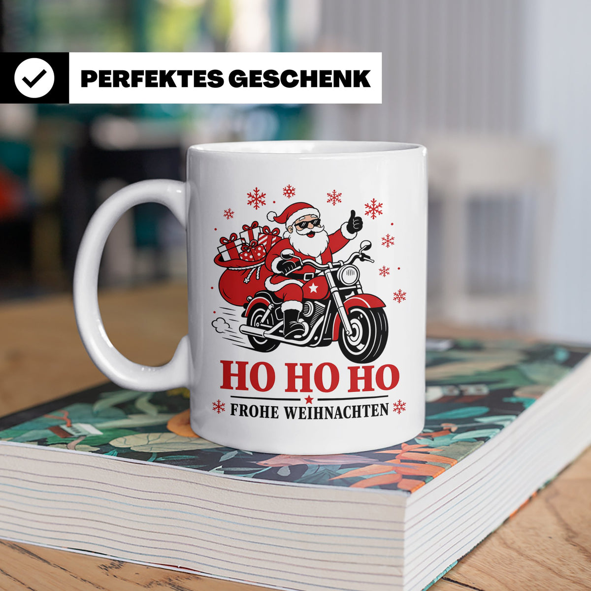 Motorrad Weihnachten Tasse Weihnachtsmann auf dem Motorrad - – Weiß [farbe:weiß]