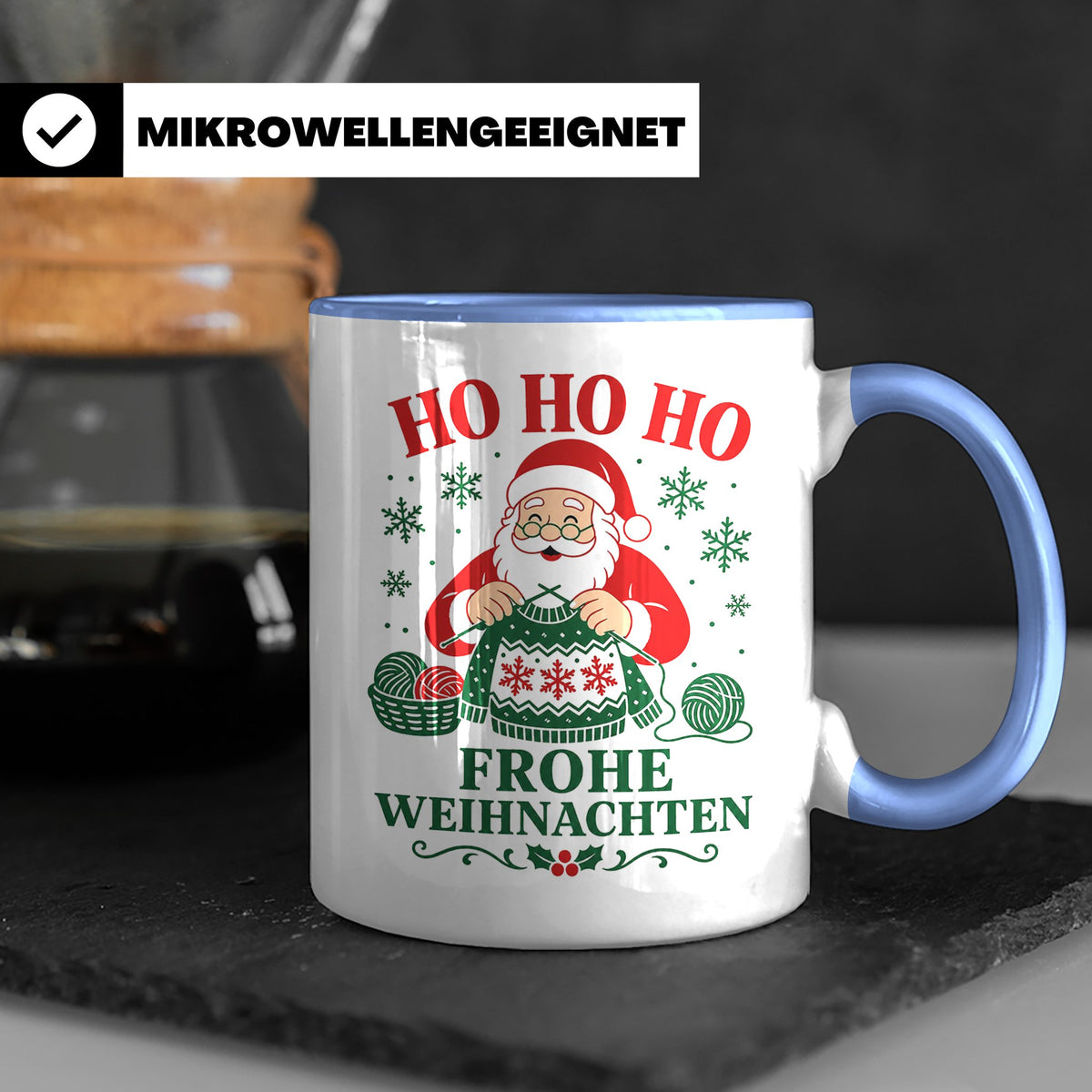 Stricken Weihnachten Tasse Weihnachtsmann beim Stricken - Ge – Blau [farbe:blau]