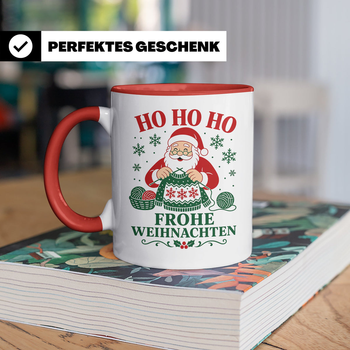 Stricken Weihnachten Tasse Weihnachtsmann beim Stricken - Ge – Rot [farbe:rot]