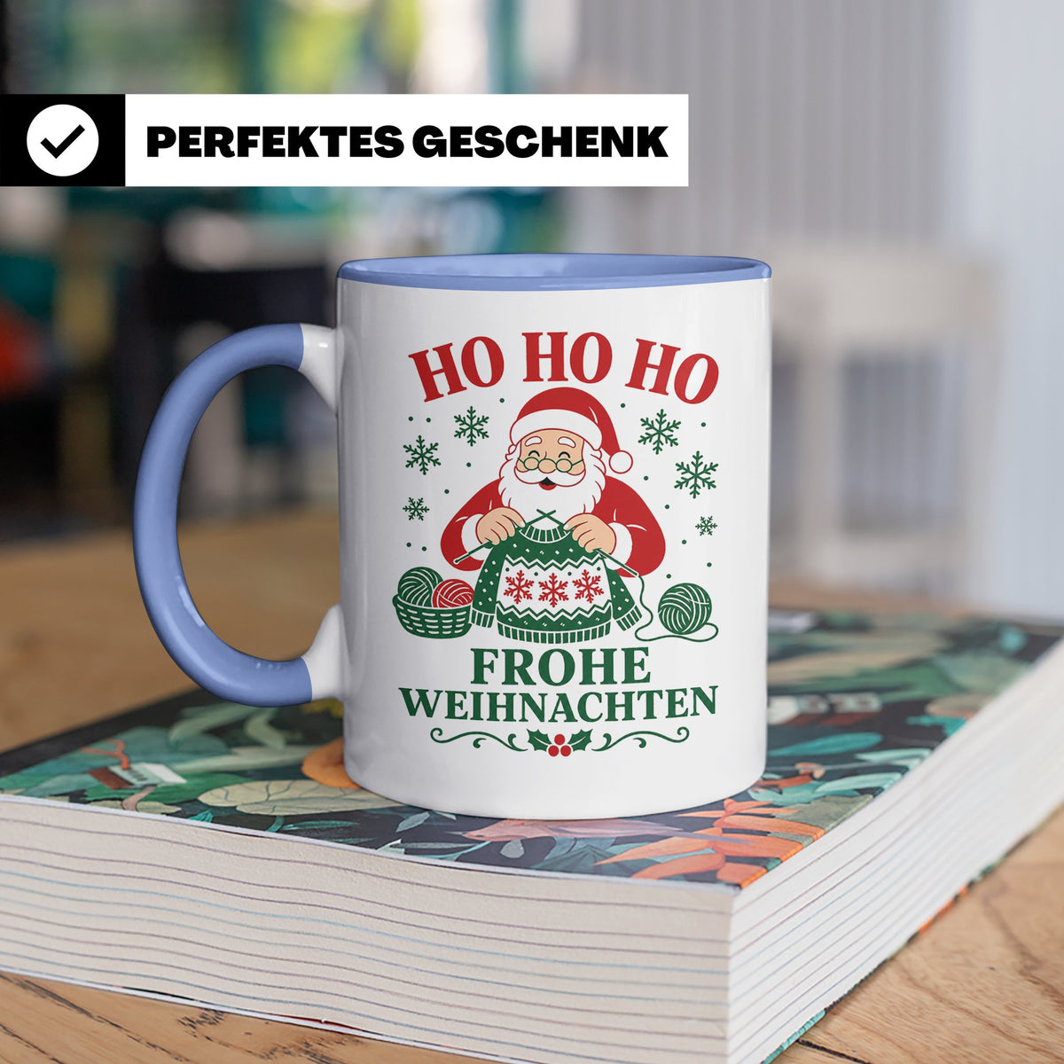 Stricken Weihnachten Tasse Weihnachtsmann beim Stricken - Ge – Blau [farbe:blau]
