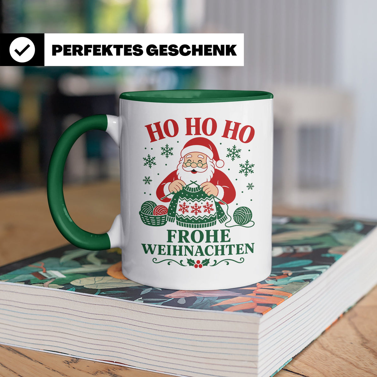 Stricken Weihnachten Tasse Weihnachtsmann beim Stricken - Ge – Grün [farbe:grün]