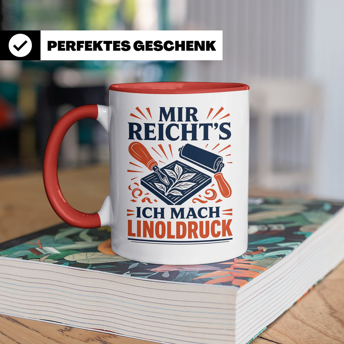 Linoldruck Tasse Mir reichts ich mach Linoldruck - Geschenk  – Rot [farbe:rot]