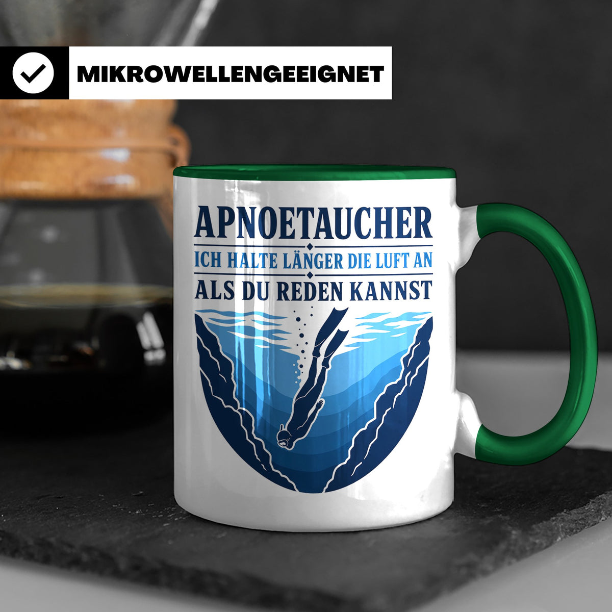 Apnoetauchen Tasse Ich halte länger die Luft an als du reden – Grün [farbe:grün]