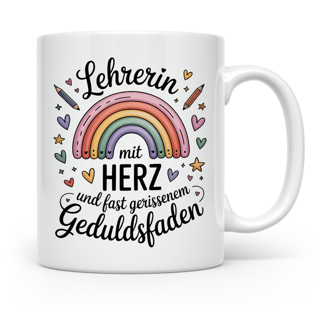 Lehrerin mit Herz Tasse - Regenbogen Geduldsfaden Geschenkidee Grundschule, Förderschule, Gymnasium - Lehrerbedarf zum Geburtstag