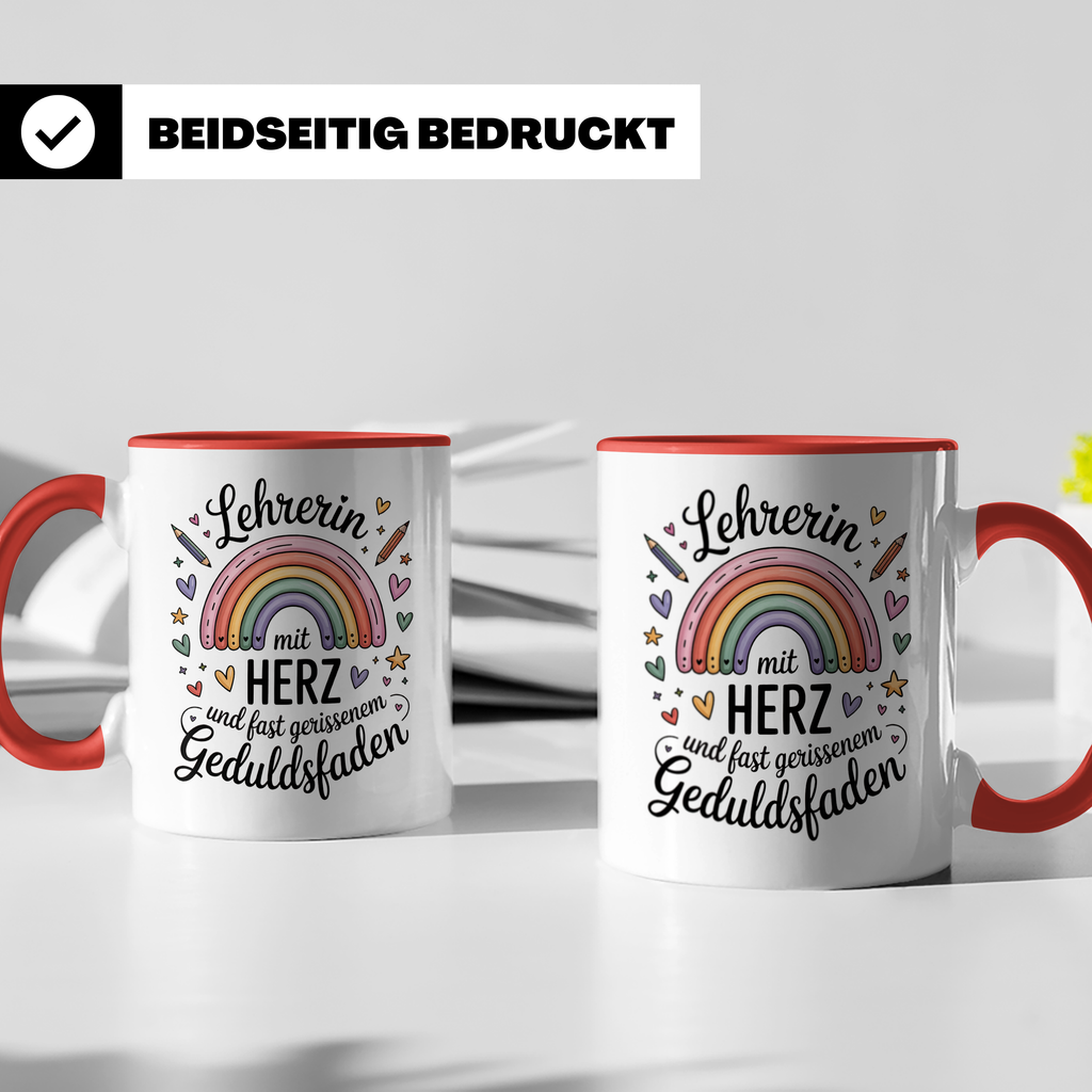 Lehrerin mit Herz Tasse - Regenbogen Geduldsfaden Geschenkidee Grundschule, Förderschule, Gymnasium - Lehrerbedarf zum Geburtstag