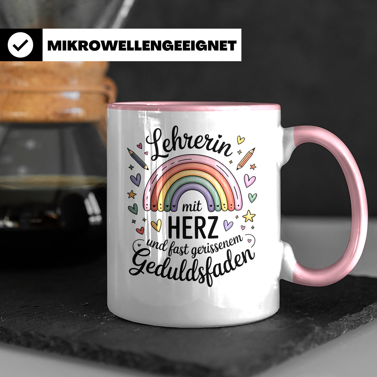 Lehrerin mit Herz Tasse - Regenbogen Geduldsfaden Geschenkidee Grundschule, Förderschule, Gymnasium - Lehrerbedarf zum Geburtstag