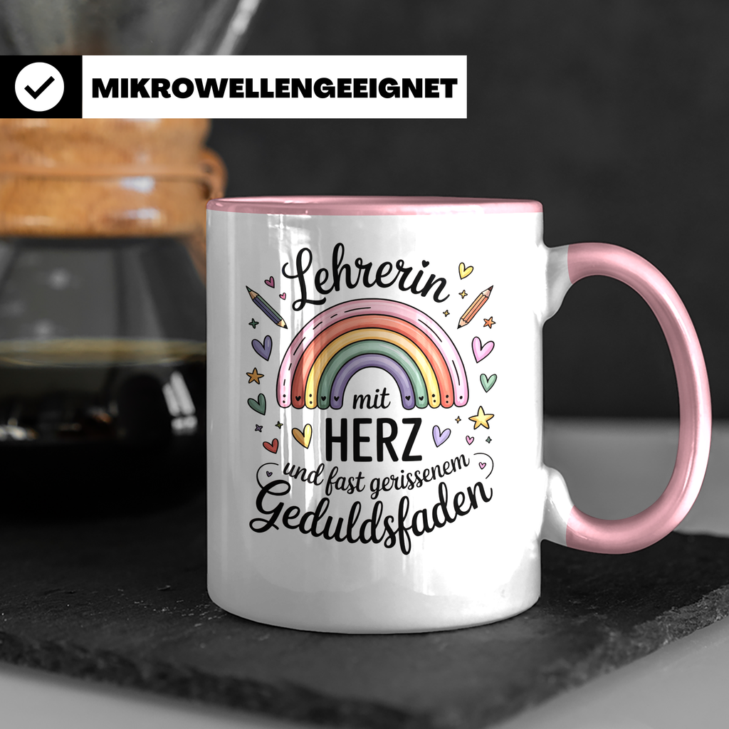 Lehrerin mit Herz Tasse - Regenbogen Geduldsfaden Geschenkidee Grundschule, Förderschule, Gymnasium - Lehrerbedarf zum Geburtstag