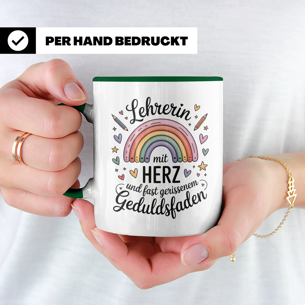 Lehrerin mit Herz Tasse - Regenbogen Geduldsfaden Geschenkidee Grundschule, Förderschule, Gymnasium - Lehrerbedarf zum Geburtstag