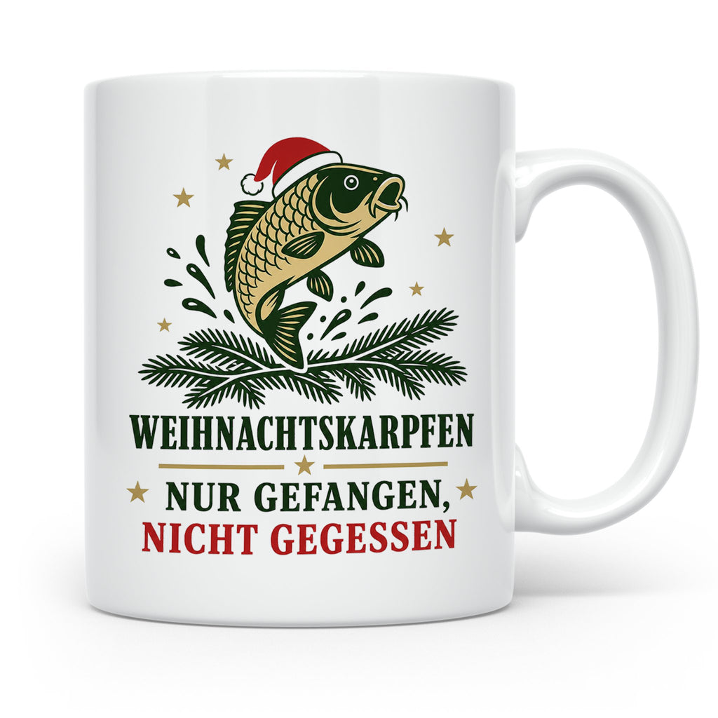 Karpfen Tasse Weihnachtskarpfen nur gefangen nicht gegessen  – Weiß [farbe:weiß]