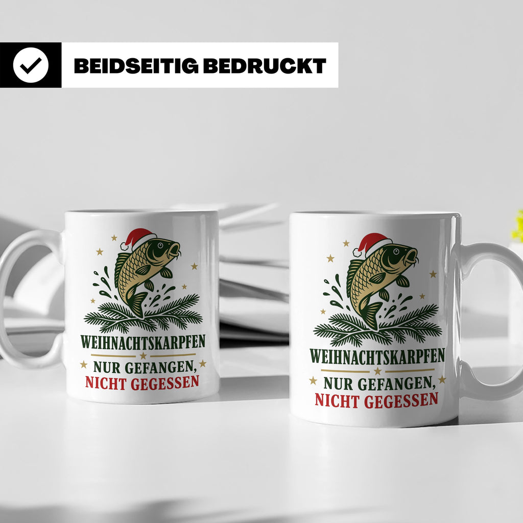 Karpfen Tasse Weihnachtskarpfen nur gefangen nicht gegessen  – Weiß [farbe:weiß]