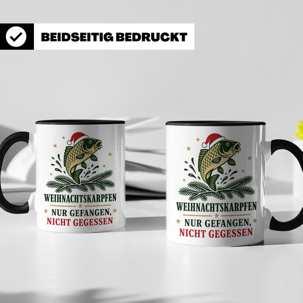 Karpfen Tasse Weihnachtskarpfen nur gefangen nicht gegessen  – Schwarz [farbe:schwarz]