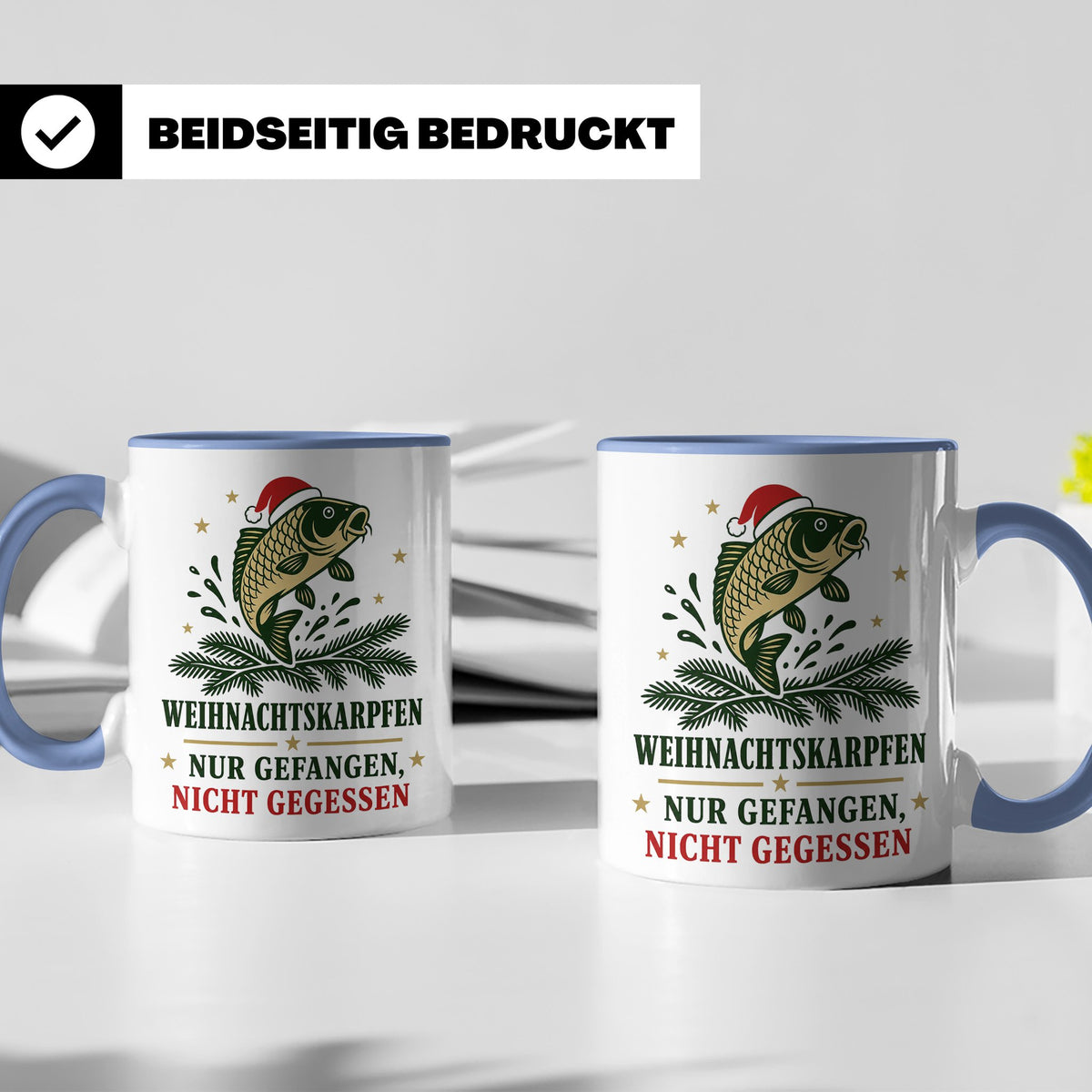 Karpfen Tasse Weihnachtskarpfen nur gefangen nicht gegessen  – Blau [farbe:blau]