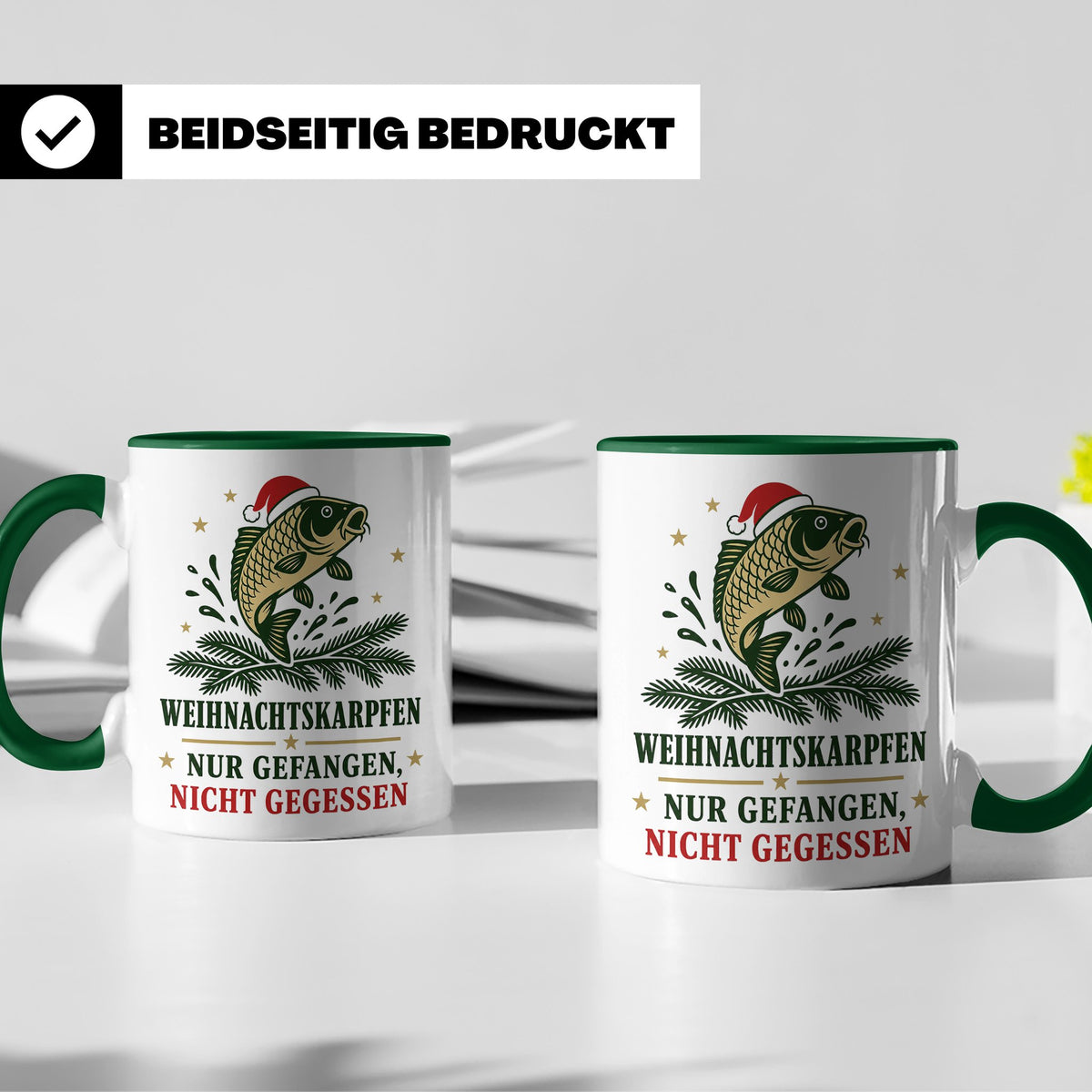 Karpfen Tasse Weihnachtskarpfen nur gefangen nicht gegessen  – Grün [farbe:grün]
