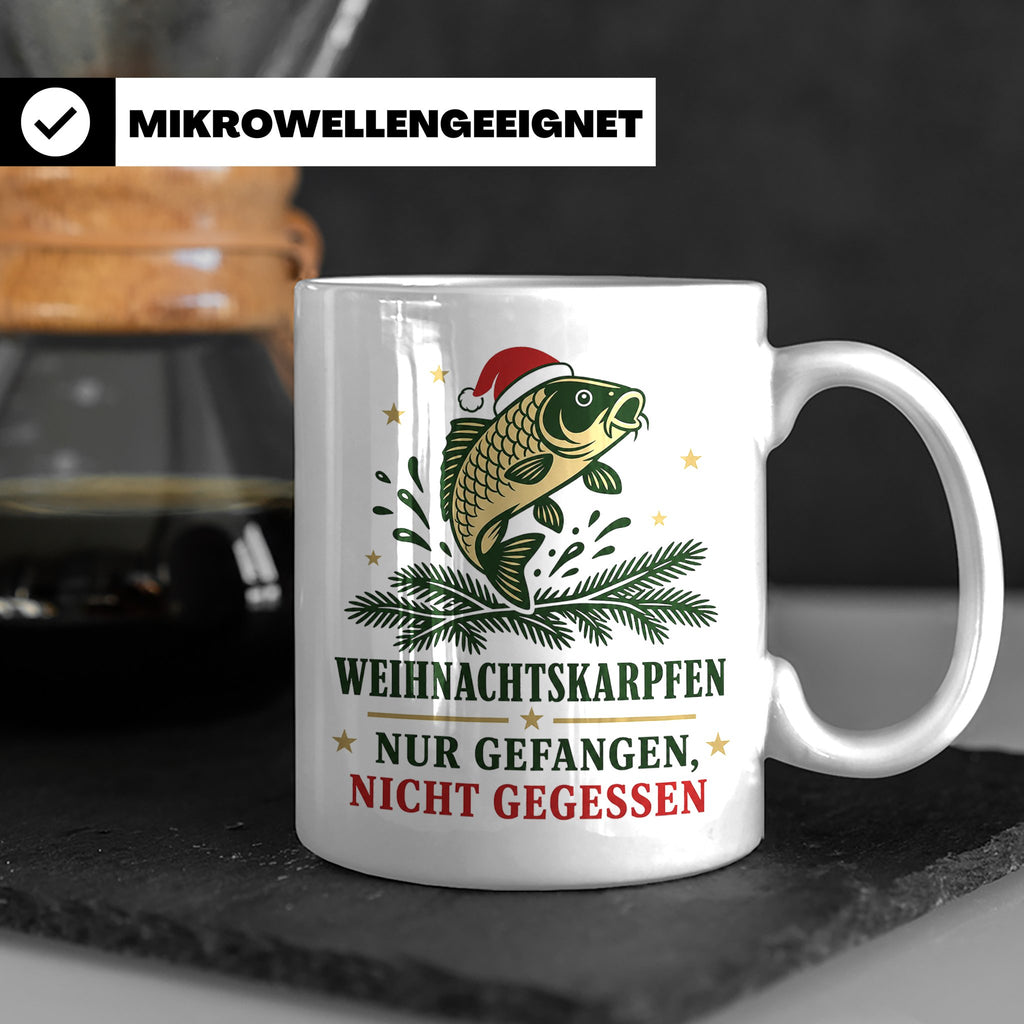 Karpfen Tasse Weihnachtskarpfen nur gefangen nicht gegessen  – Weiß [farbe:weiß]