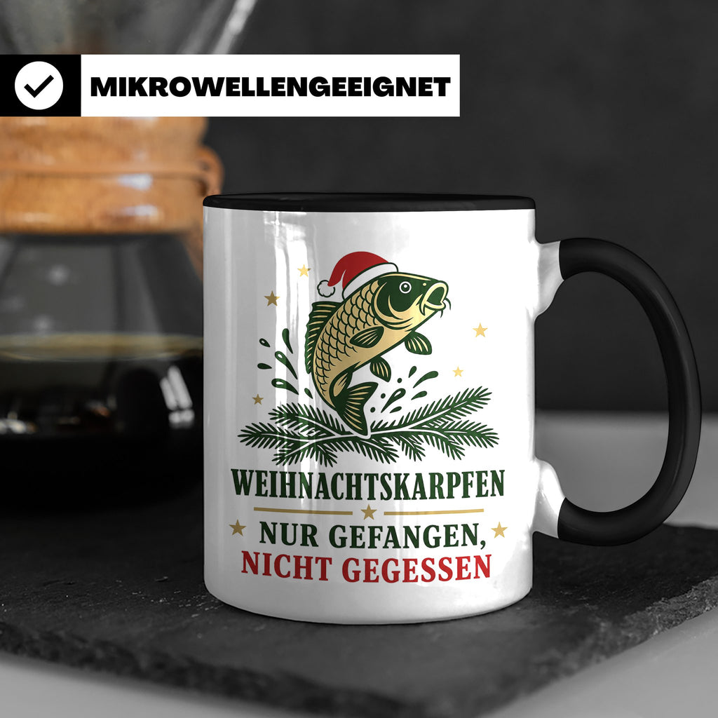 Karpfen Tasse Weihnachtskarpfen nur gefangen nicht gegessen  – Schwarz [farbe:schwarz]