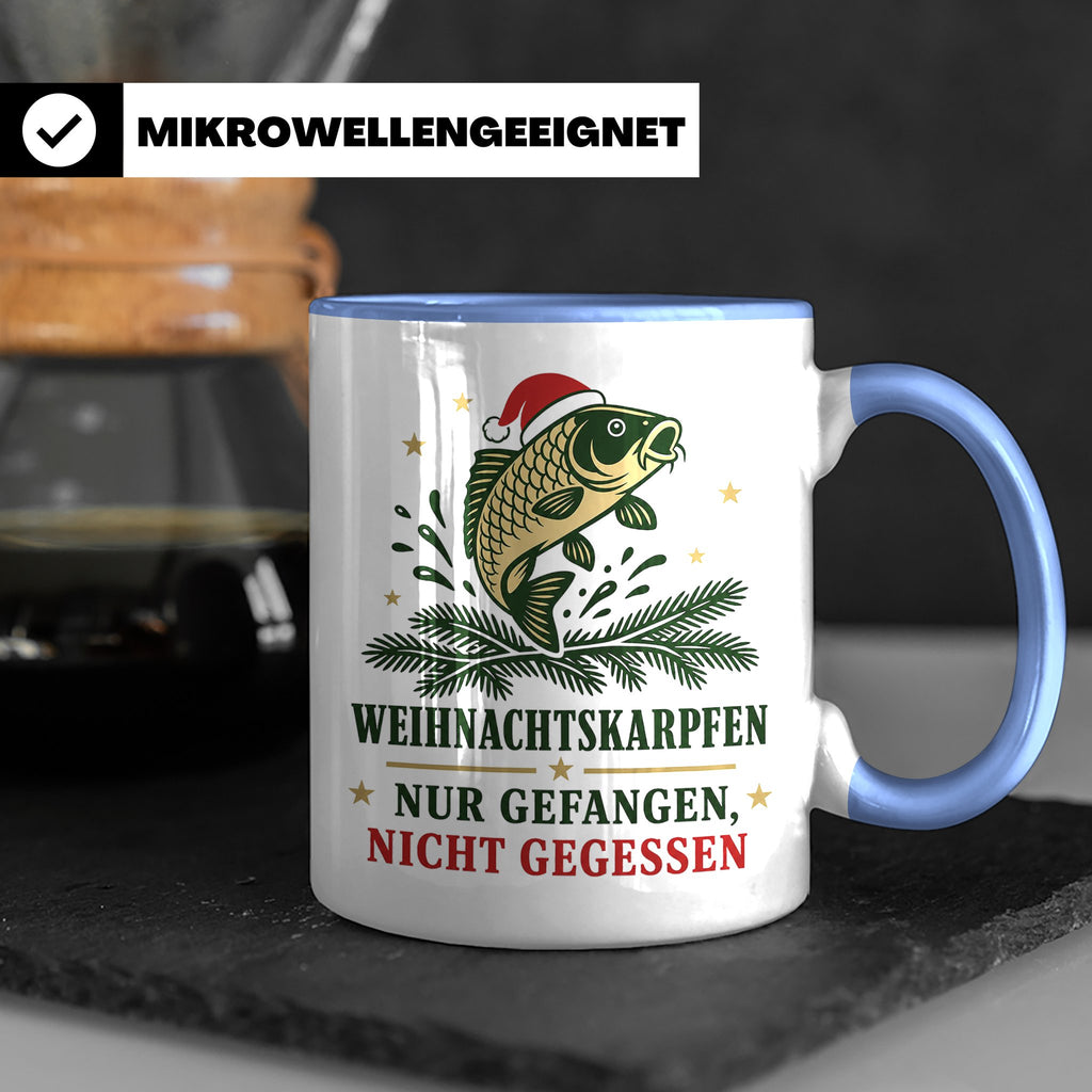 Karpfen Tasse Weihnachtskarpfen nur gefangen nicht gegessen  – Blau [farbe:blau]