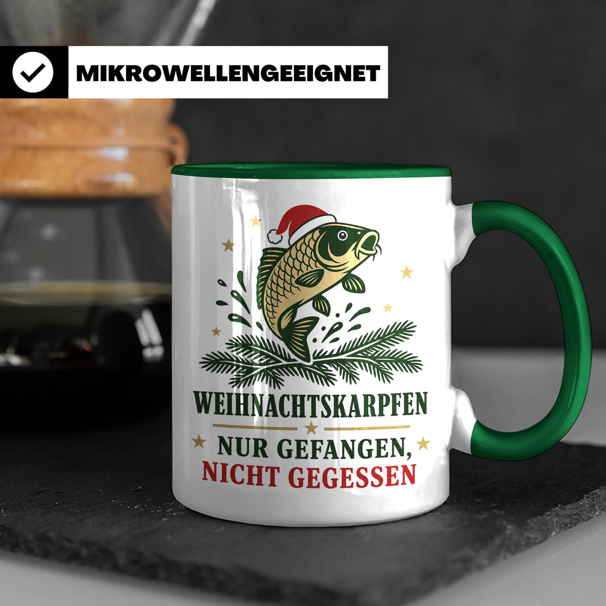 Karpfen Tasse Weihnachtskarpfen nur gefangen nicht gegessen  – Grün [farbe:grün]