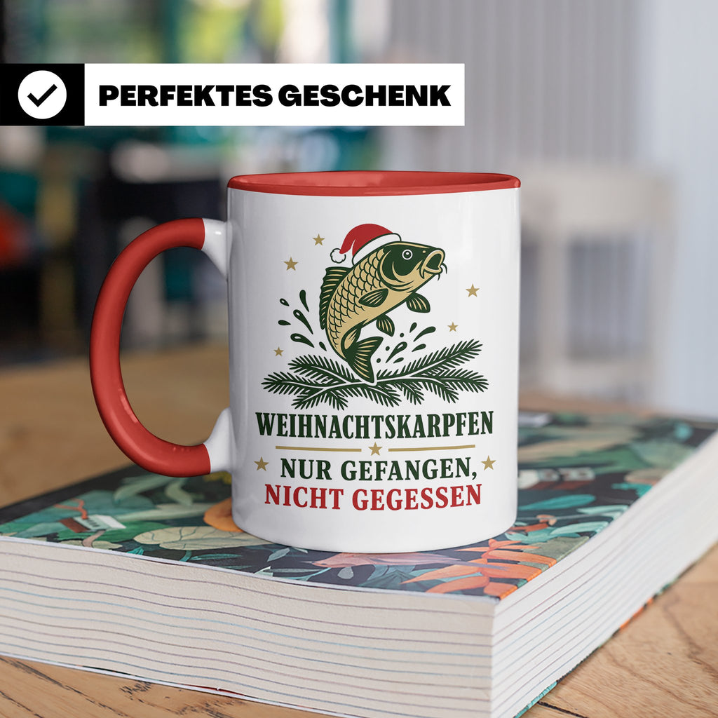 Karpfen Tasse Weihnachtskarpfen nur gefangen nicht gegessen  – Rot [farbe:rot]