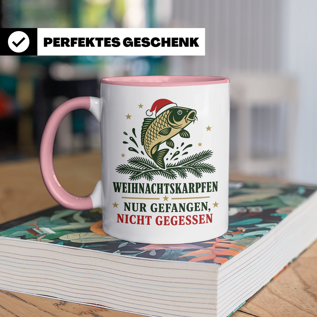 Karpfen Tasse Weihnachtskarpfen nur gefangen nicht gegessen  – Rosa [farbe:rosa]