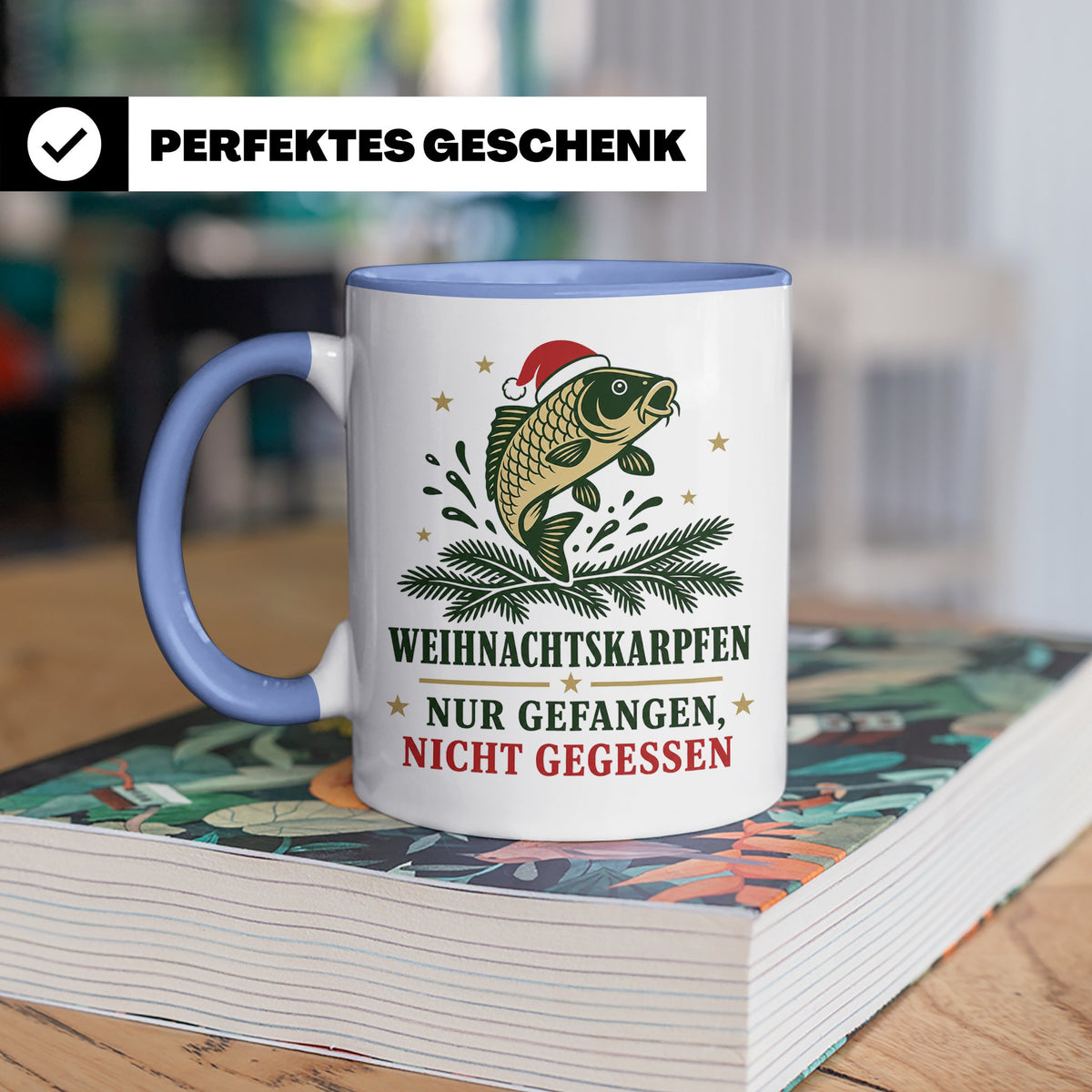 Karpfen Tasse Weihnachtskarpfen nur gefangen nicht gegessen  – Blau [farbe:blau]