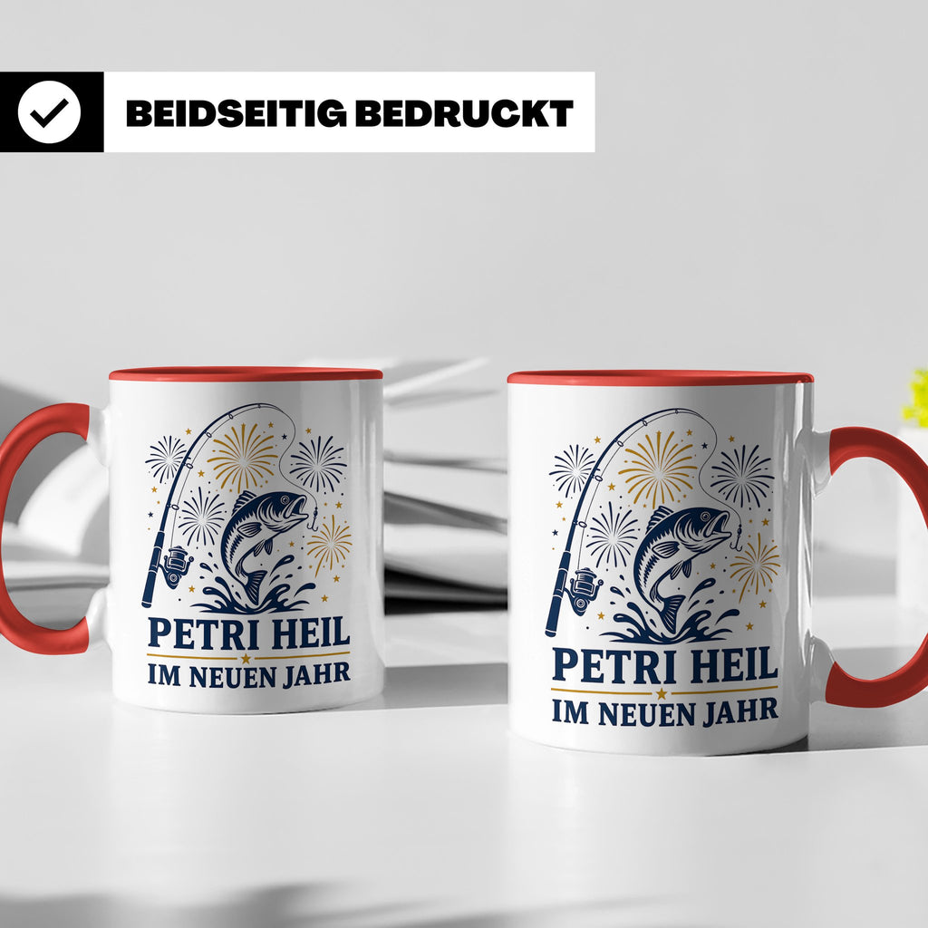Angler Tasse Petri Heil im neuen Jahr - Geschenk für Angler  – Rot [farbe:rot]