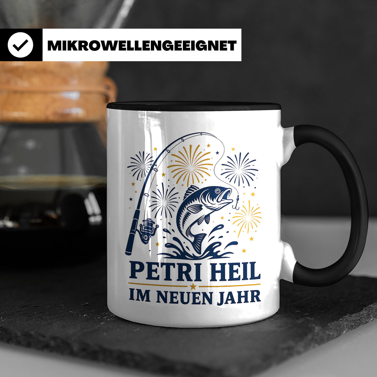 Angler Tasse Petri Heil im neuen Jahr - Geschenk für Angler  – Schwarz [farbe:schwarz]