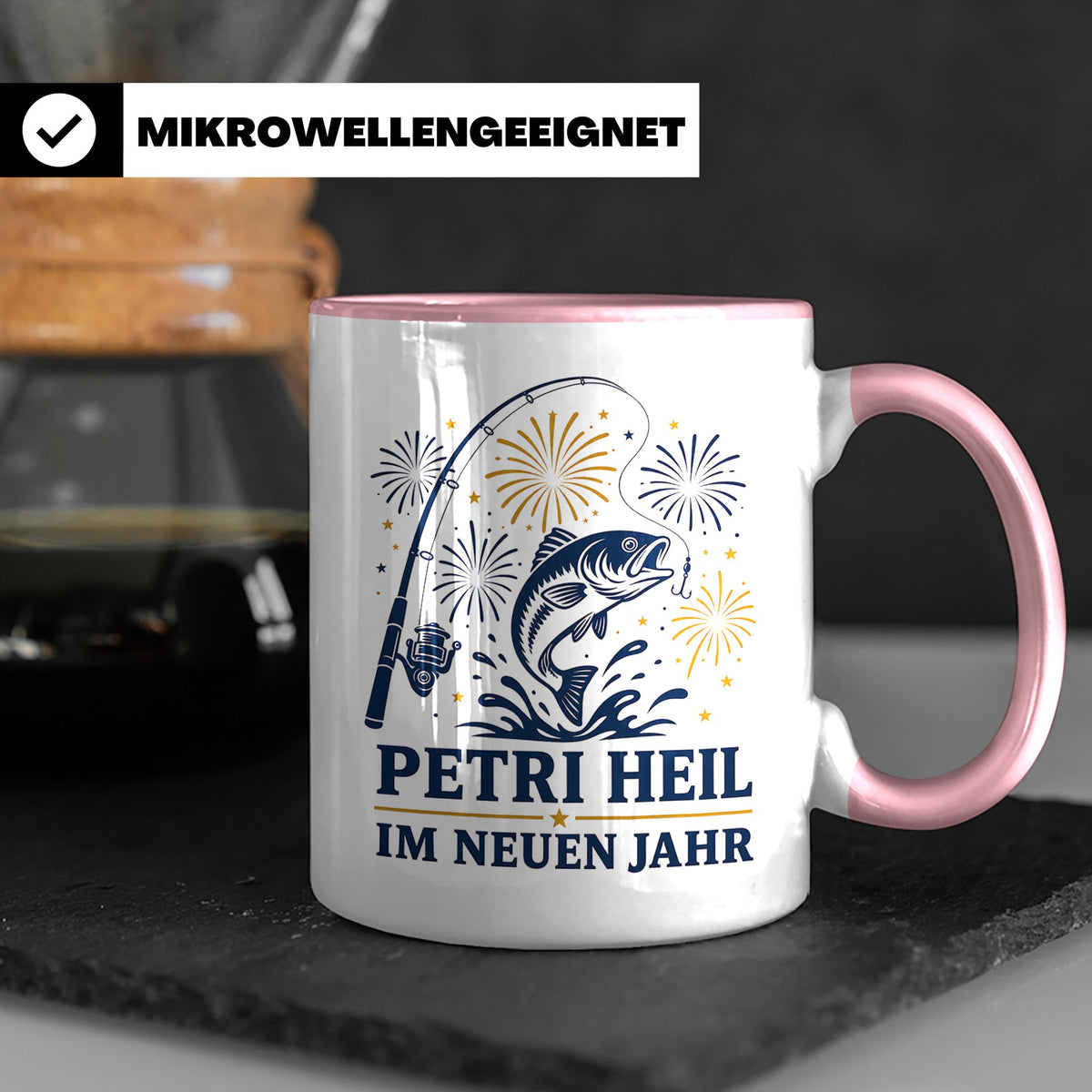 Angler Tasse Petri Heil im neuen Jahr - Geschenk für Angler  – Rosa [farbe:rosa]