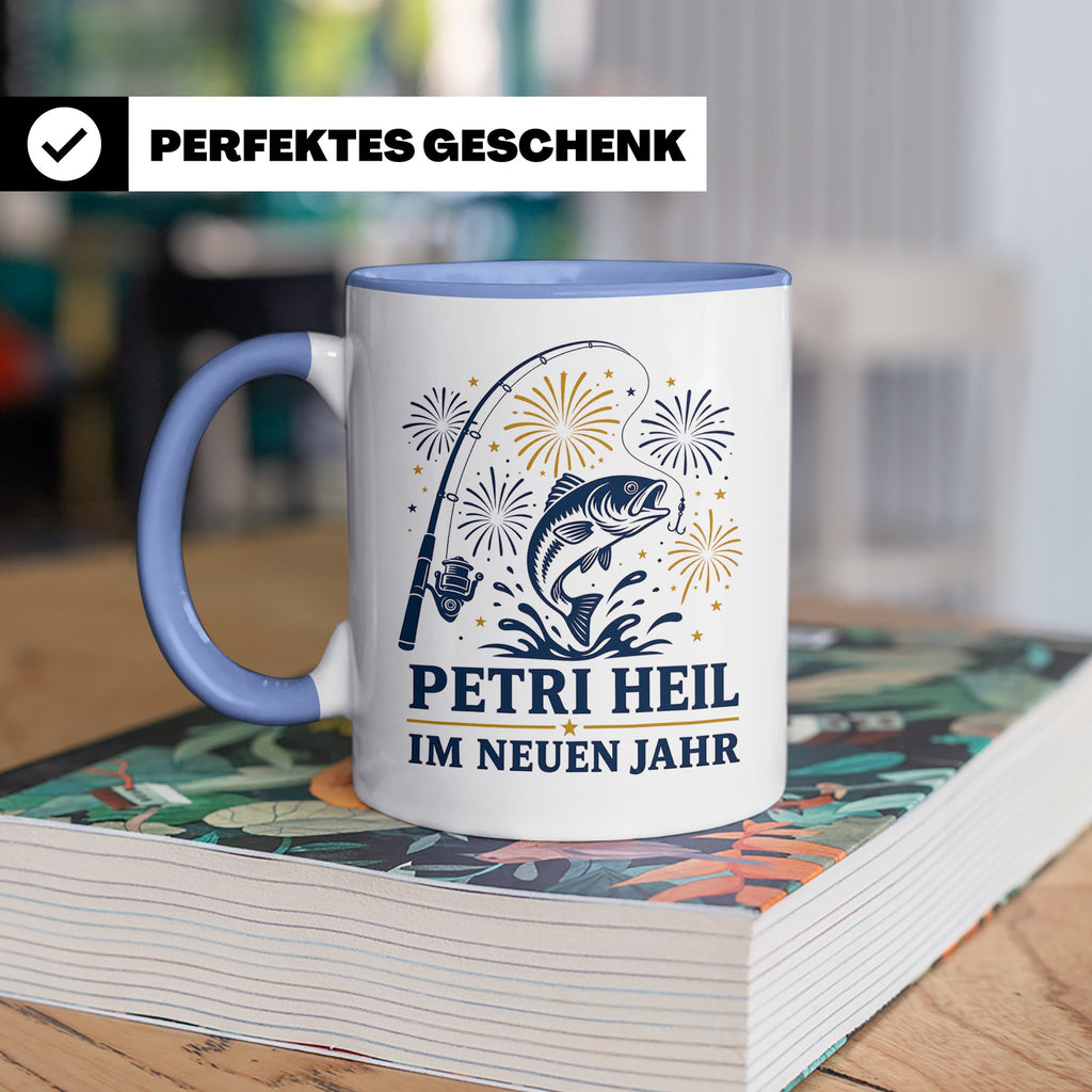 Angler Tasse Petri Heil im neuen Jahr - Geschenk für Angler  – Blau [farbe:blau]