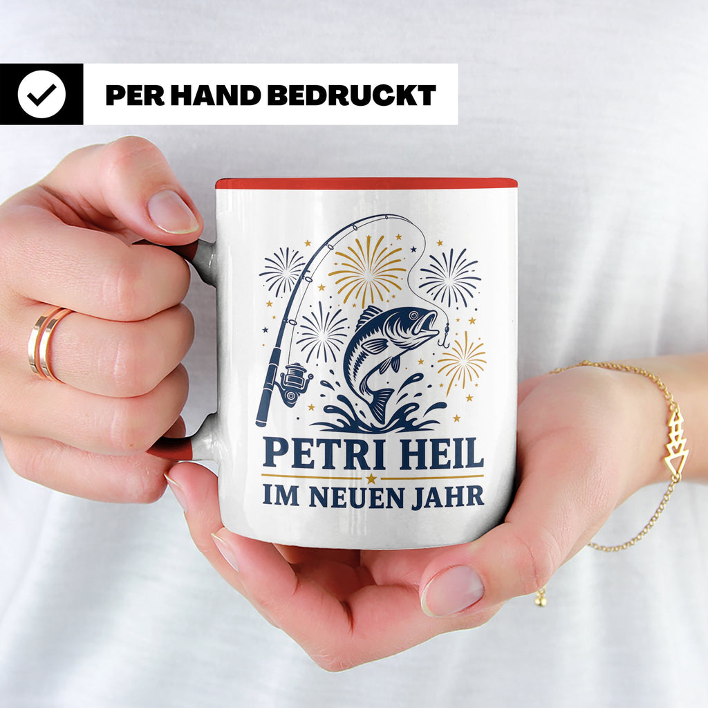 Angler Tasse Petri Heil im neuen Jahr - Geschenk für Angler  – Rot [farbe:rot]