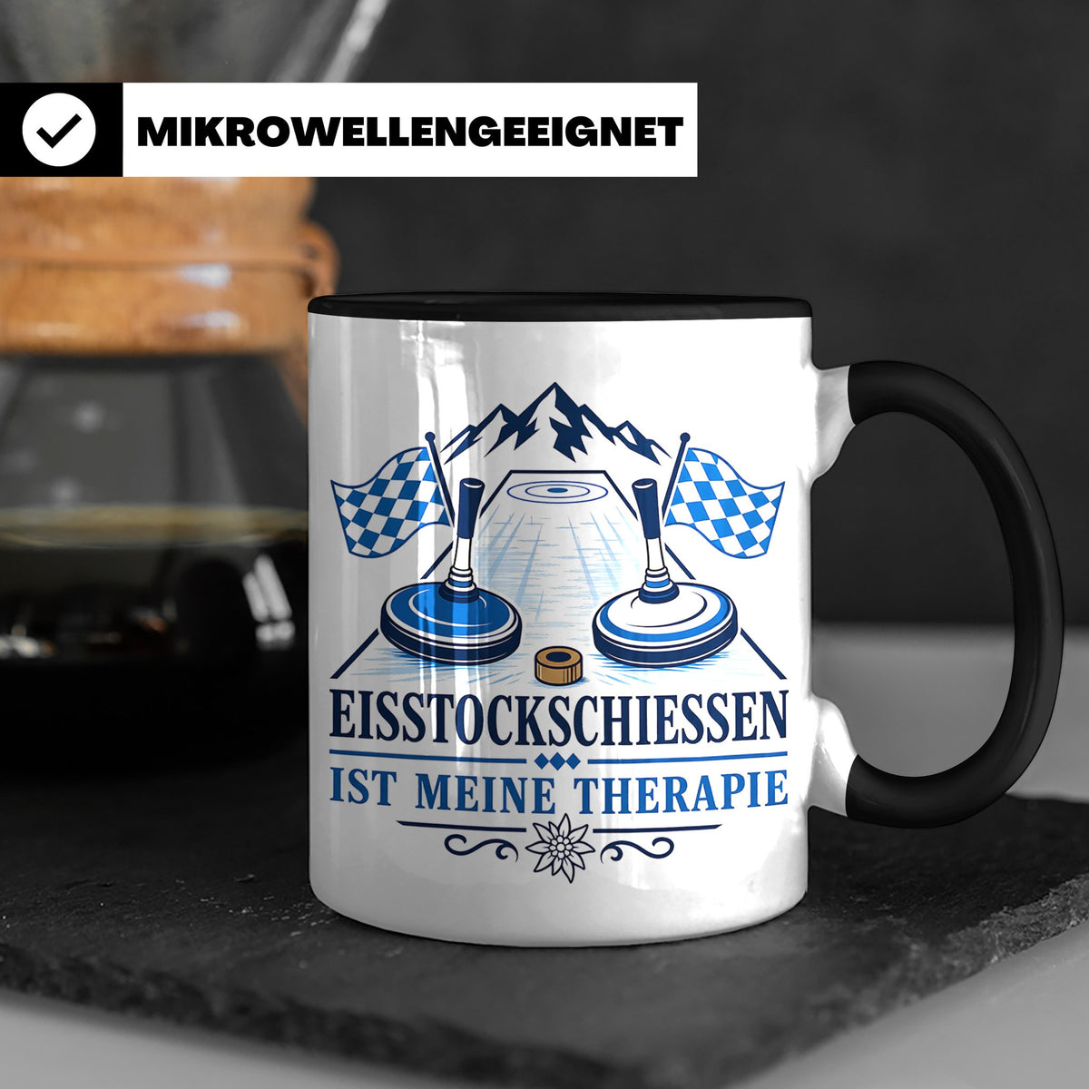 Eisstockschießen Tasse ist meine Therapie - Geschenk für Eis – Schwarz [farbe:schwarz]