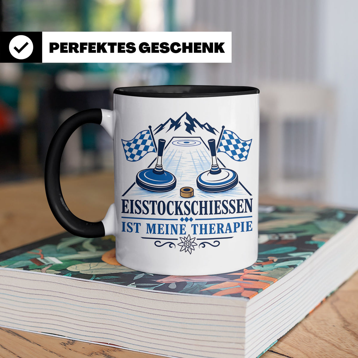 Eisstockschießen Tasse ist meine Therapie - Geschenk für Eis – Schwarz [farbe:schwarz]