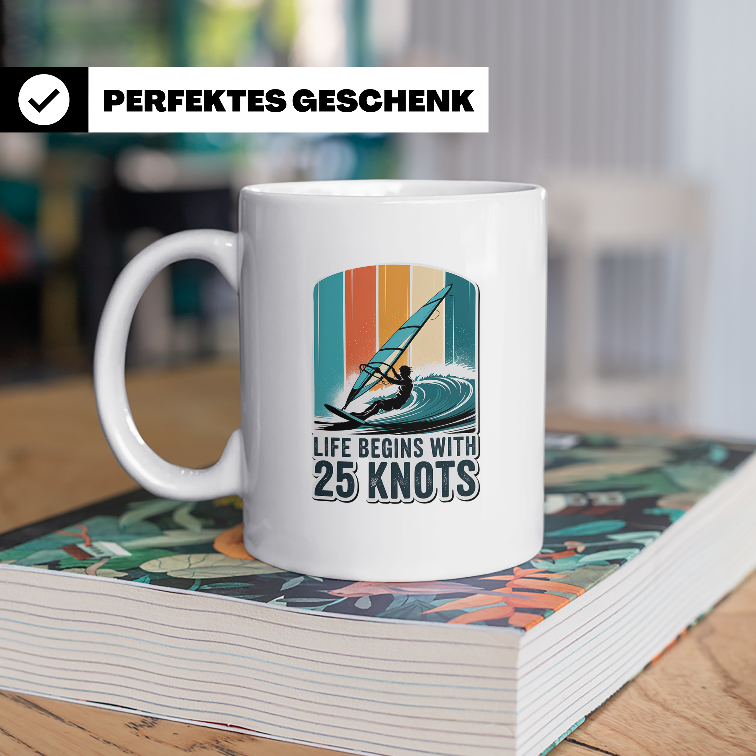 Windsurfen Tasse - Life Begins With 25 Knots - Surfer Gesche – Weiß [farbe:weiß]