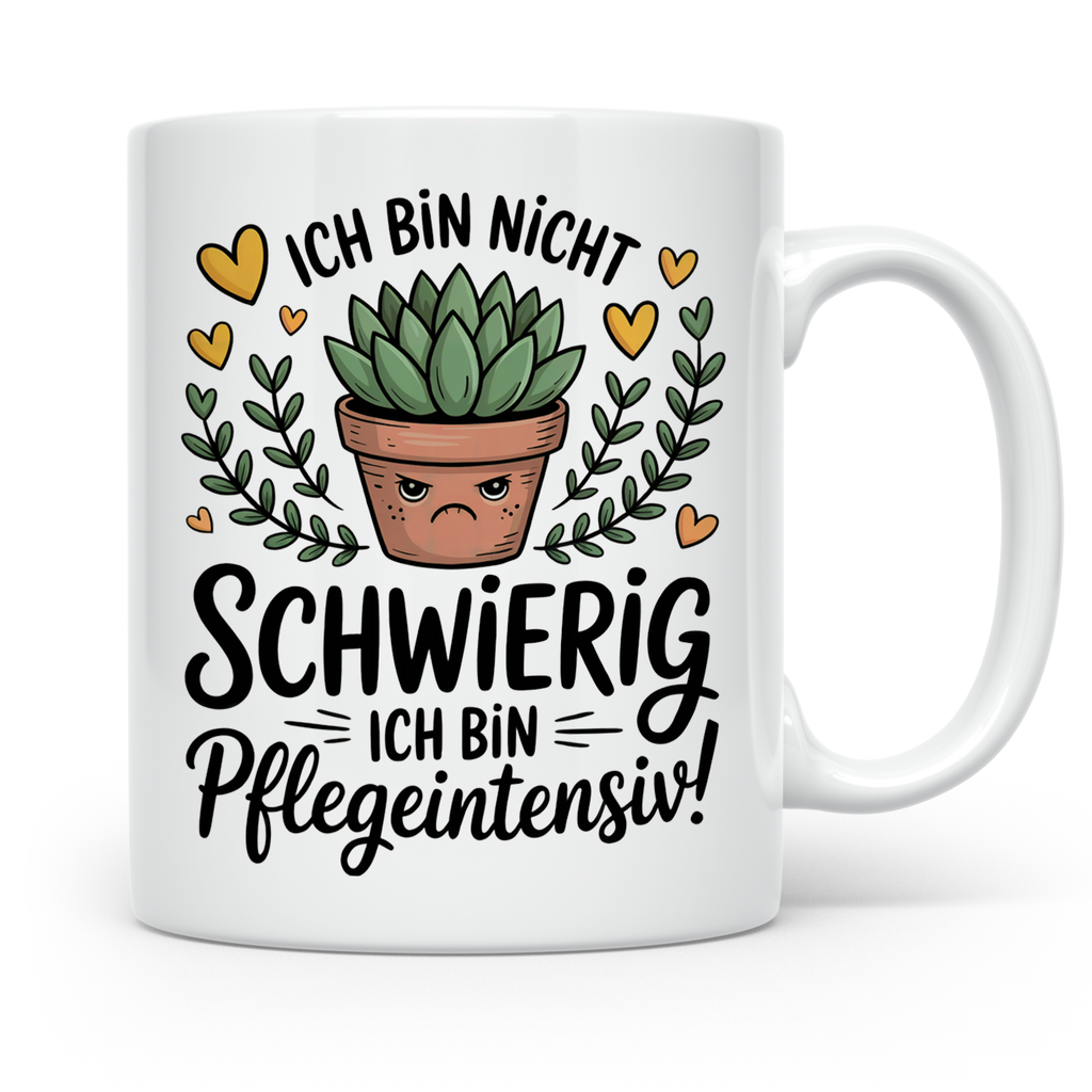 Kaffeetasse: Ich bin nicht schwierig - pflegeintensiv! Sukkulenten Geschenkidee für Pflanzenliebhaber, Kakteen Humor Tasse, Botanical