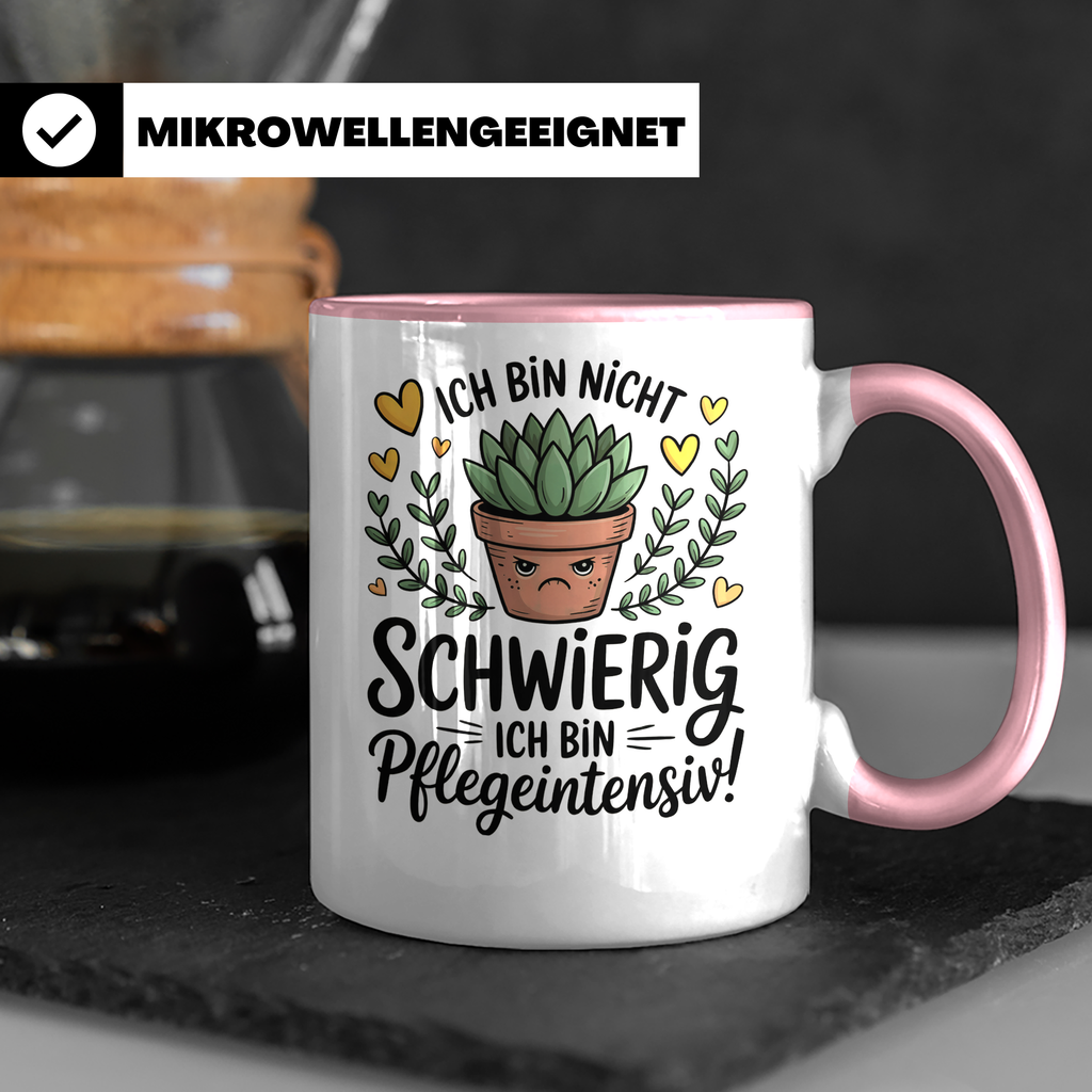 Kaffeetasse: Ich bin nicht schwierig - pflegeintensiv! Sukkulenten Geschenkidee für Pflanzenliebhaber, Kakteen Humor Tasse, Botanical