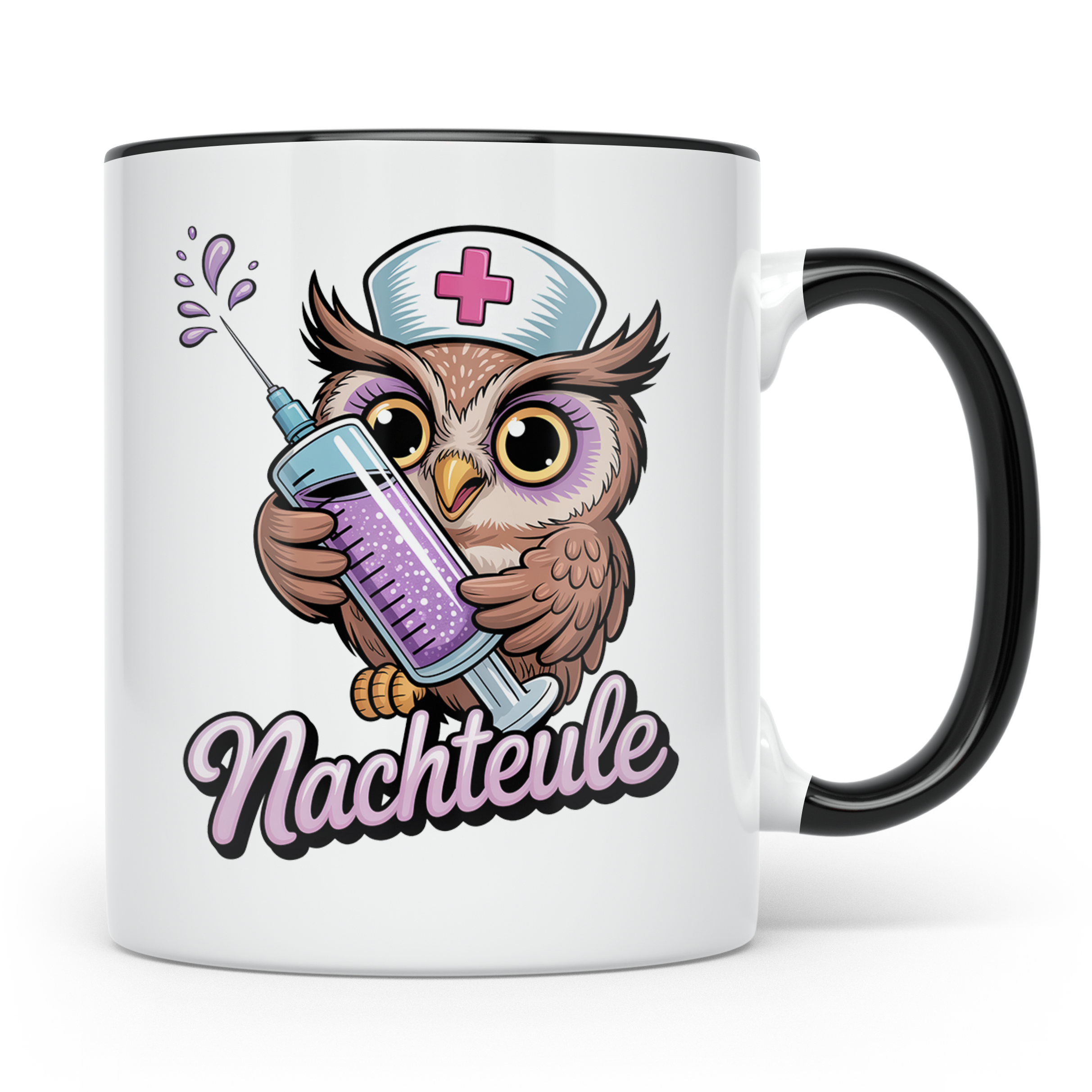 Nachteule Tasse - Krankenschwester Eule mit Spritze - Nachtd – Schwarz [farbe:schwarz]