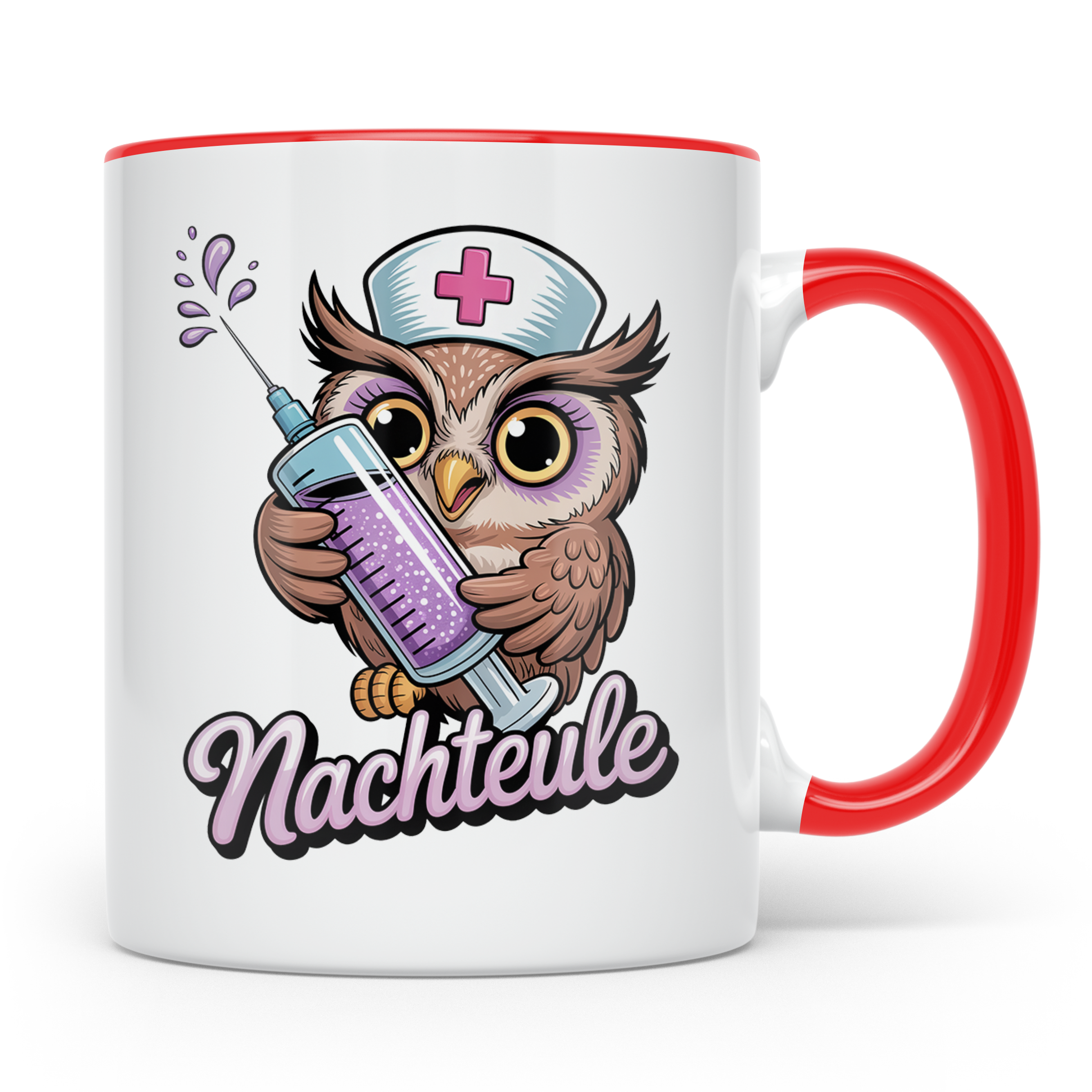 Nachteule Tasse - Krankenschwester Eule mit Spritze - Nachtd – Rot [farbe:rot]