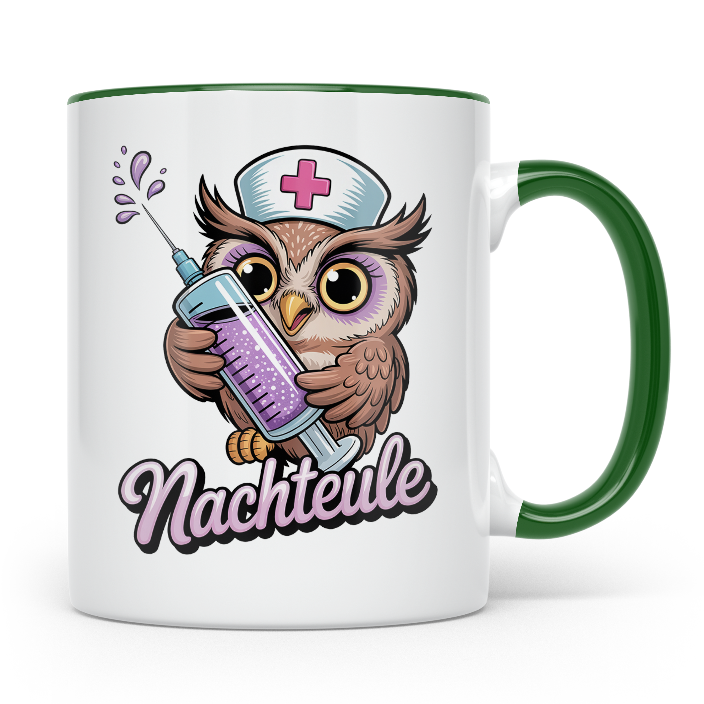 Nachteule Tasse - Krankenschwester Eule mit Spritze - Nachtd – Grün [farbe:grün]