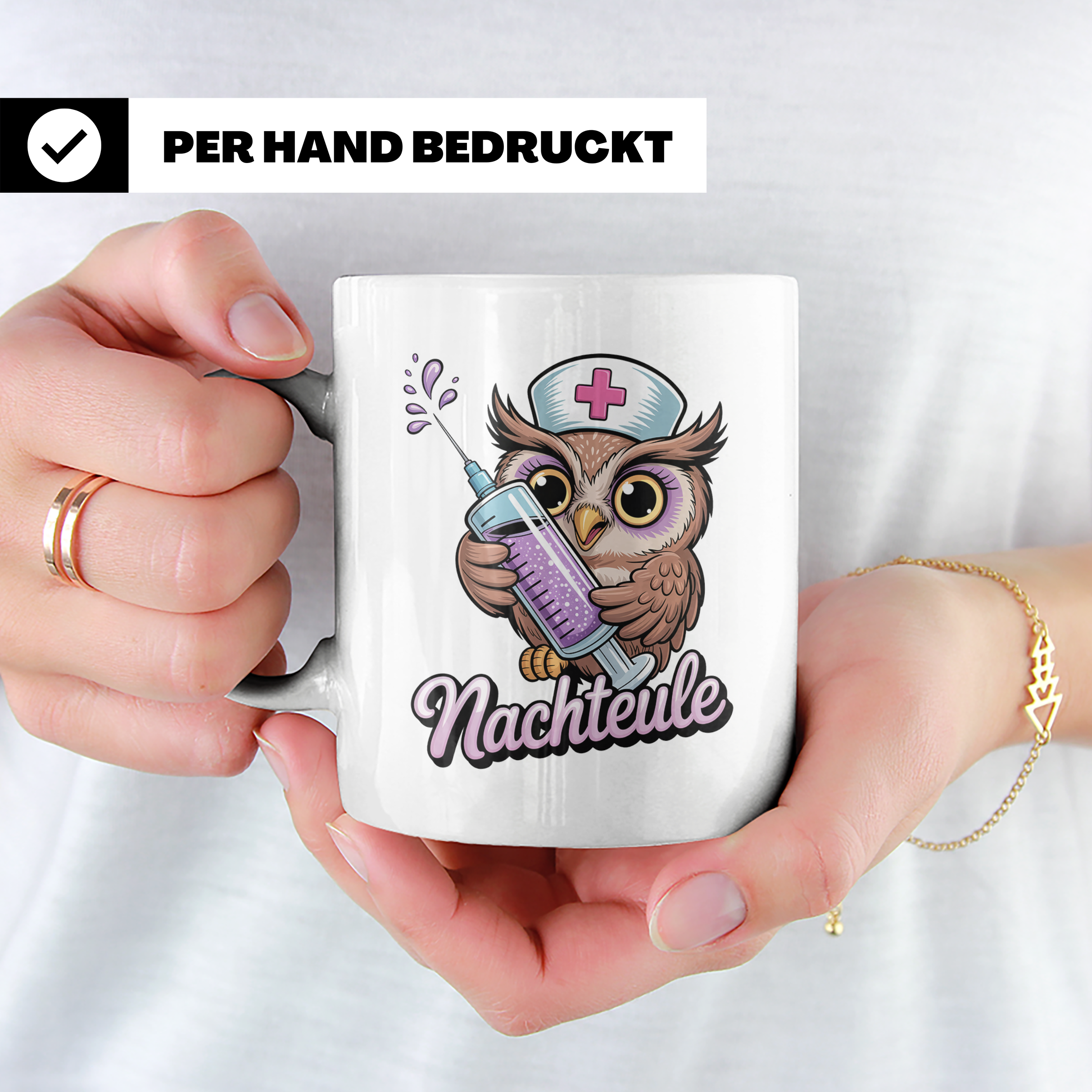 Nachteule Tasse - Krankenschwester Eule mit Spritze - Nachtd – Weiß [farbe:weiß]