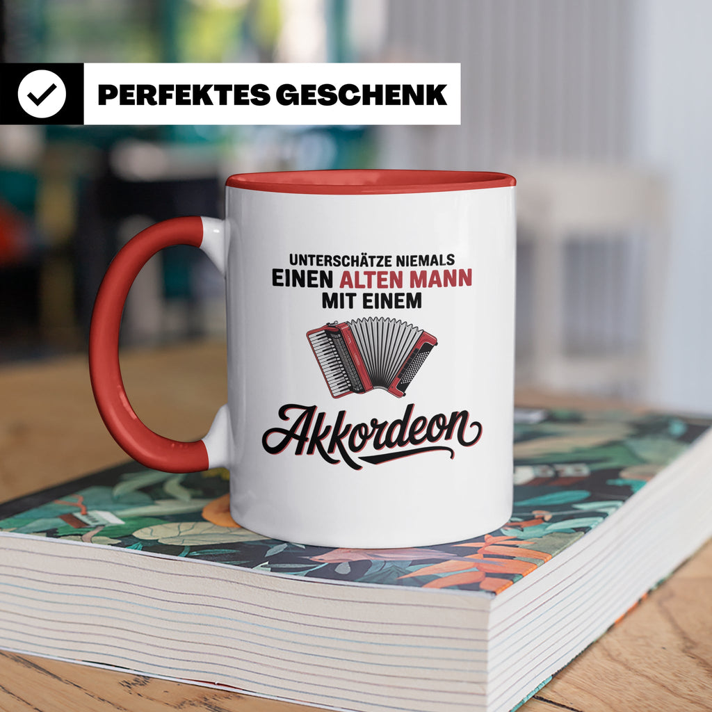Akkordeon Tasse - Alter Mann Musikant - Quetschkommode Gesch – Rot [farbe:rot]