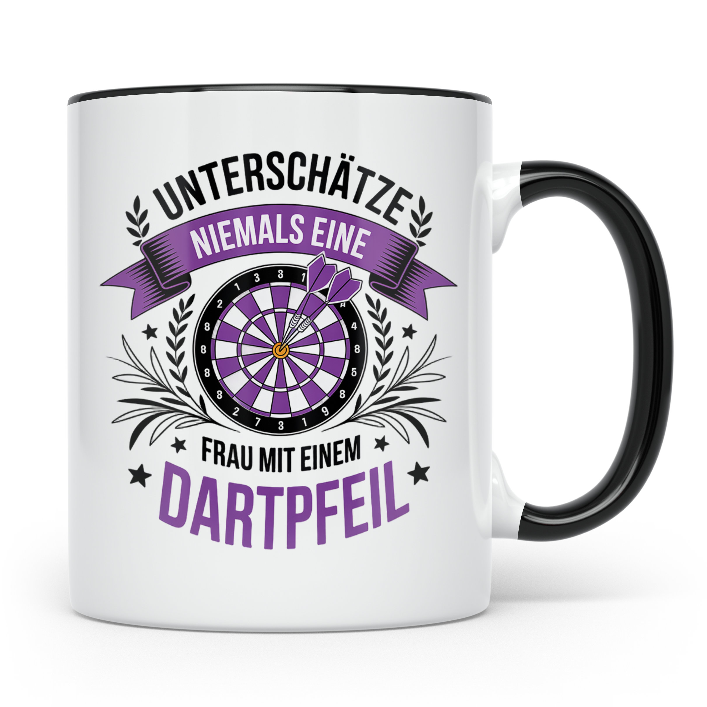 Dart Tasse Frau - Unterschätze Niemals Dartspielerin! Dartbo – Schwarz [farbe:schwarz]