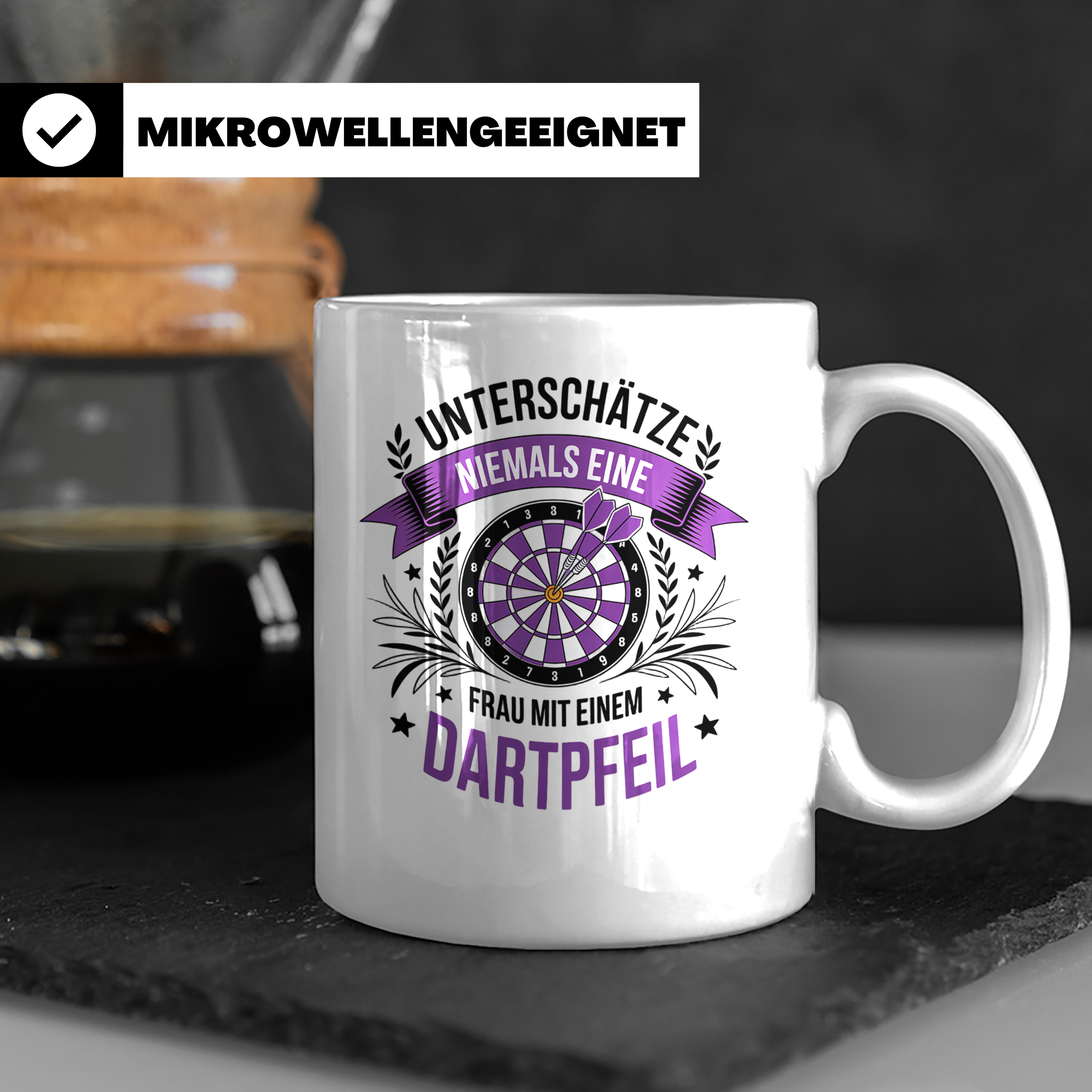 Dart Tasse Frau - Unterschätze Niemals Dartspielerin! Dartbo – Weiß [farbe:weiß]