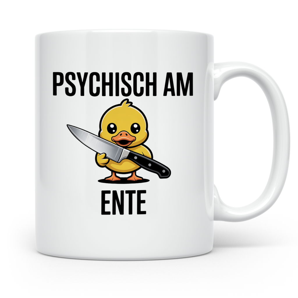 Psychisch am Ende Tasse - Lustige Psycho Ente mit Messer - E – Weiß [farbe:weiß]