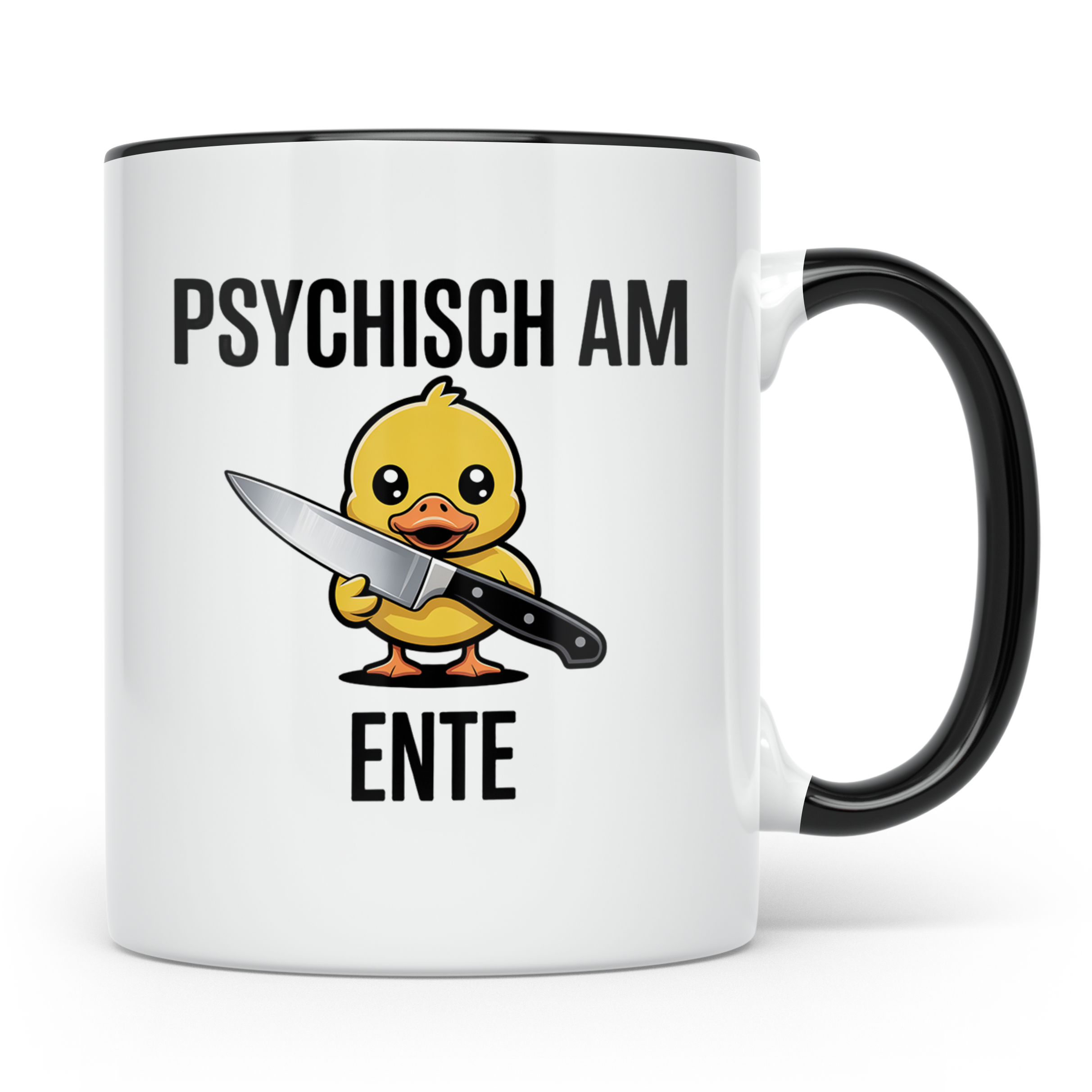 Psychisch am Ende Tasse - Lustige Psycho Ente mit Messer - E – Schwarz [farbe:schwarz]