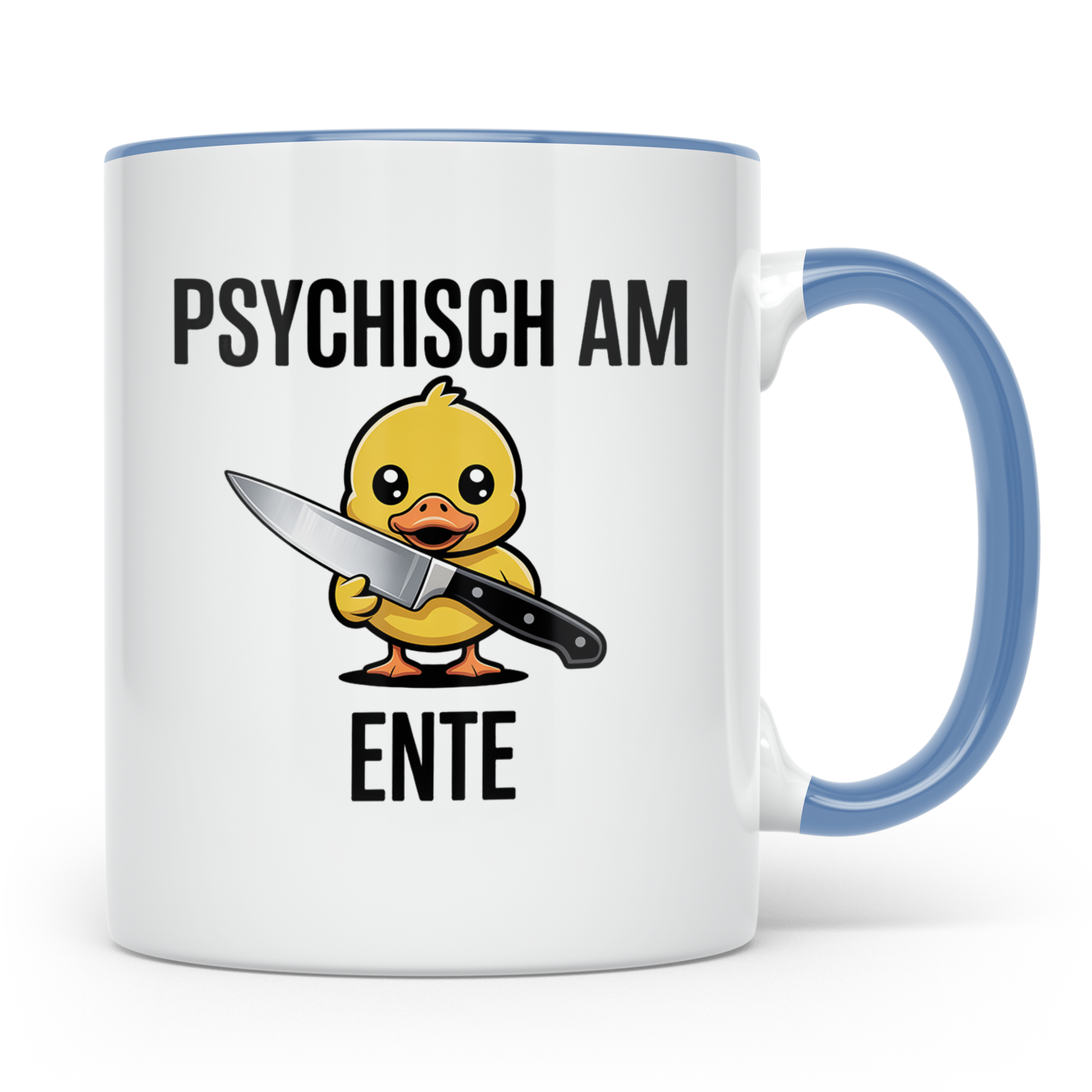 Psychisch am Ende Tasse - Lustige Psycho Ente mit Messer - E – Blau [farbe:blau]