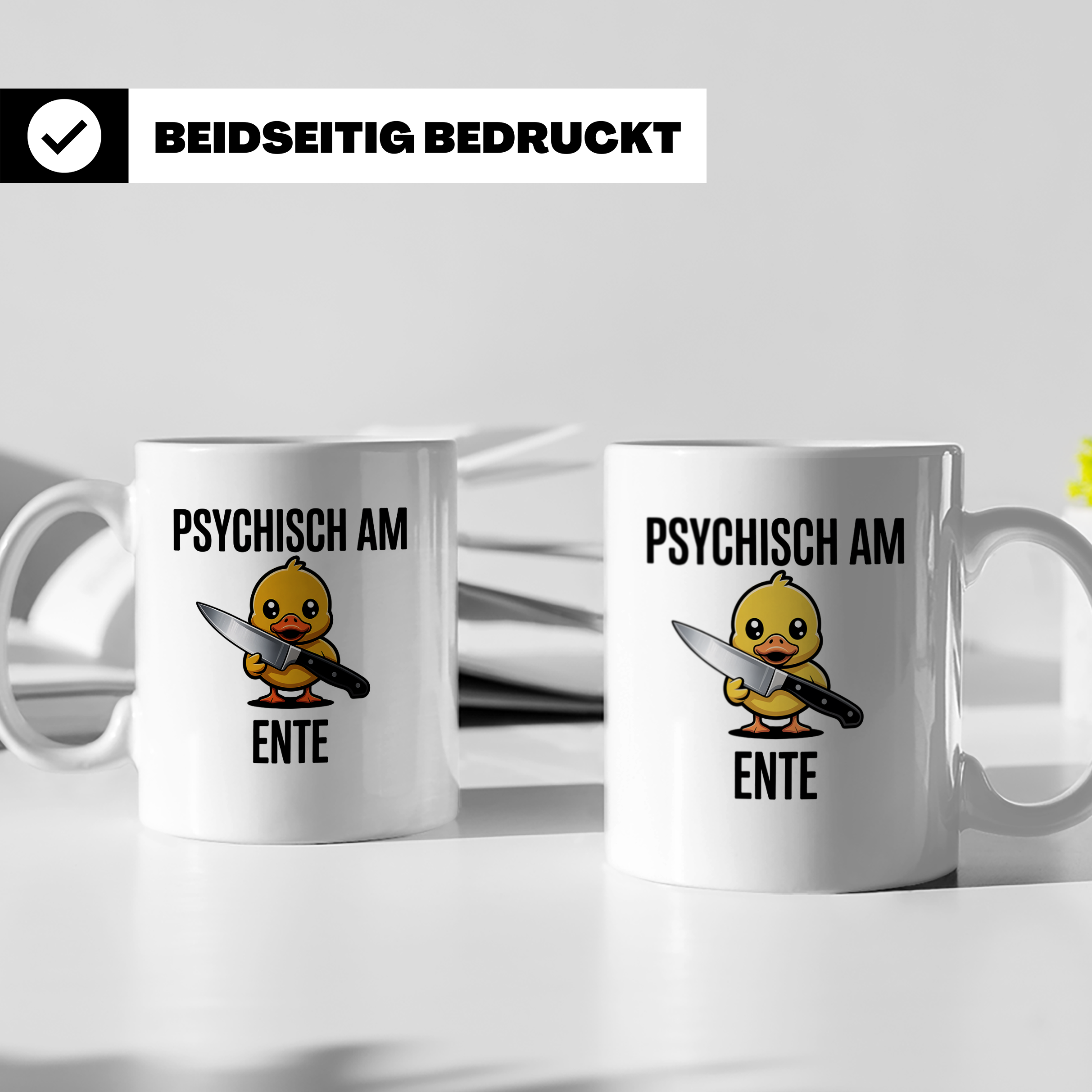Psychisch am Ende Tasse - Lustige Psycho Ente mit Messer - E – Weiß [farbe:weiß]
