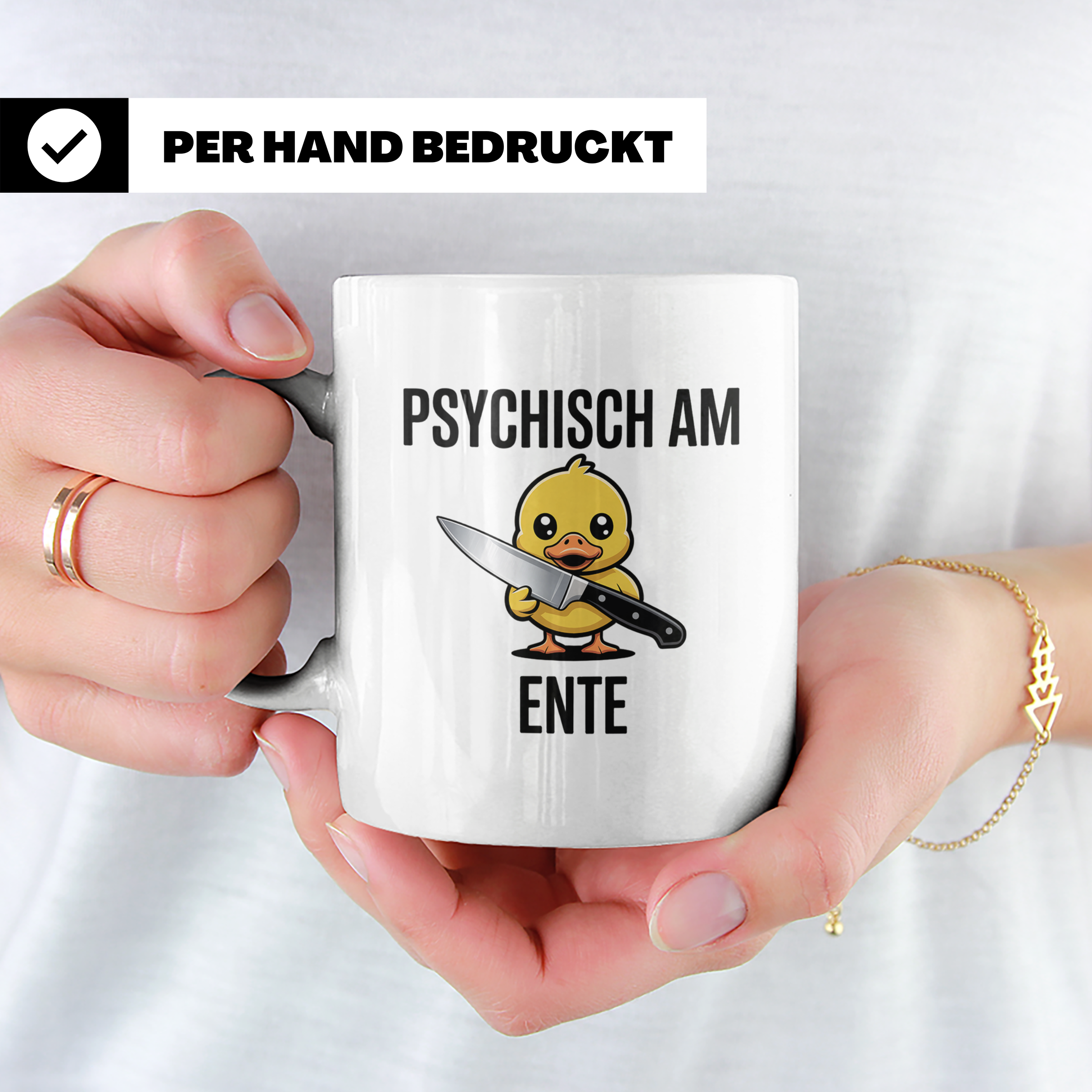 Psychisch am Ende Tasse - Lustige Psycho Ente mit Messer - E – Weiß [farbe:weiß]